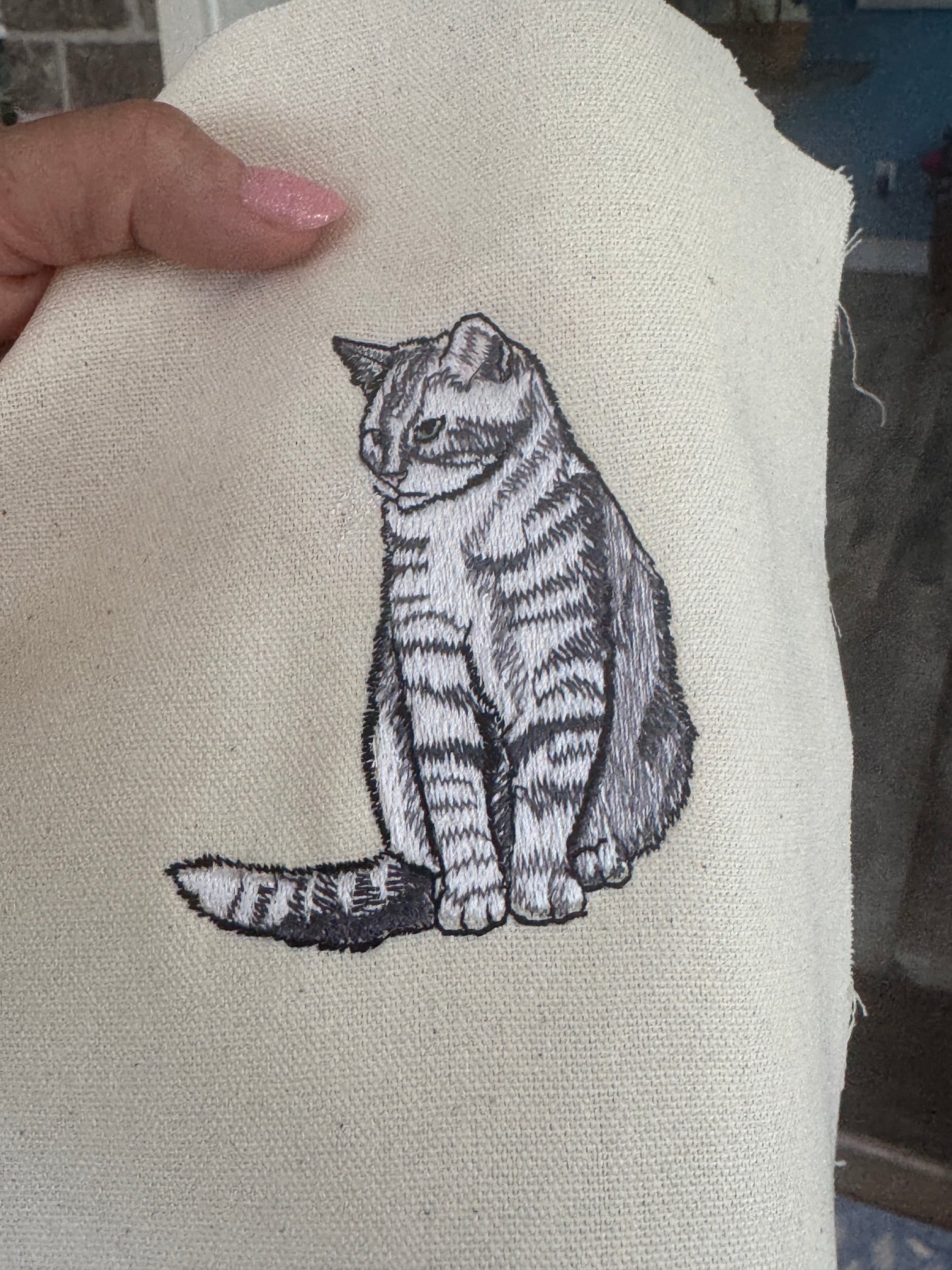Tabby Cat Machine Embroidered Framed Art
