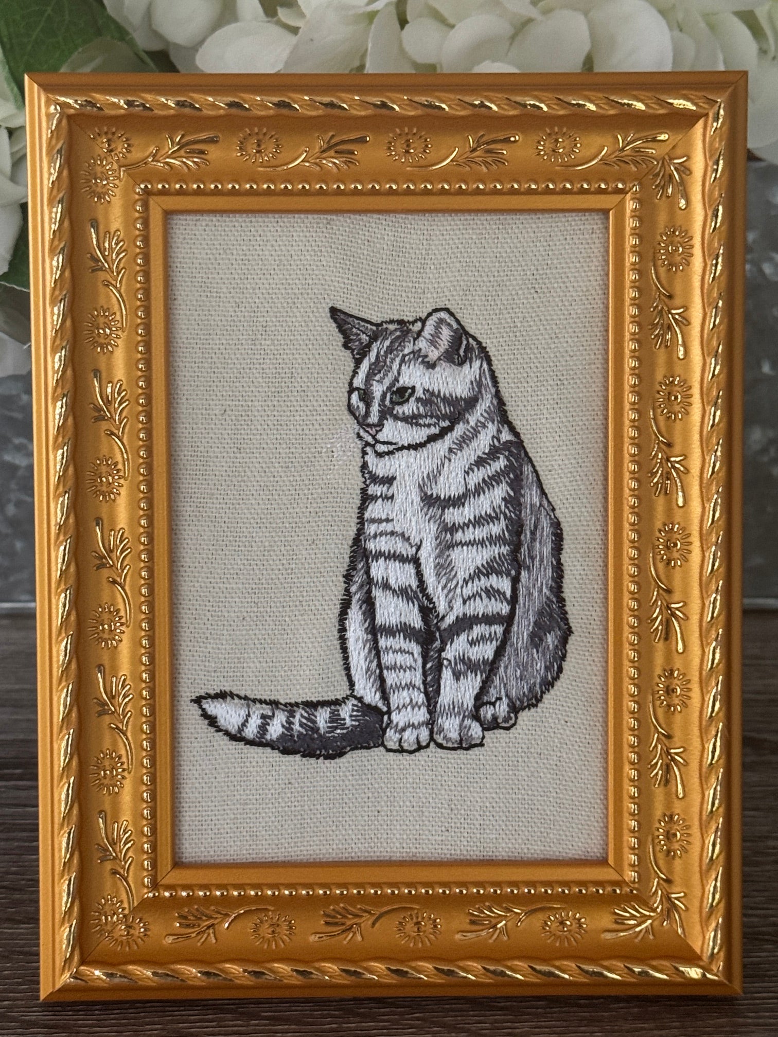 Tabby Cat Machine Embroidered Framed Art
