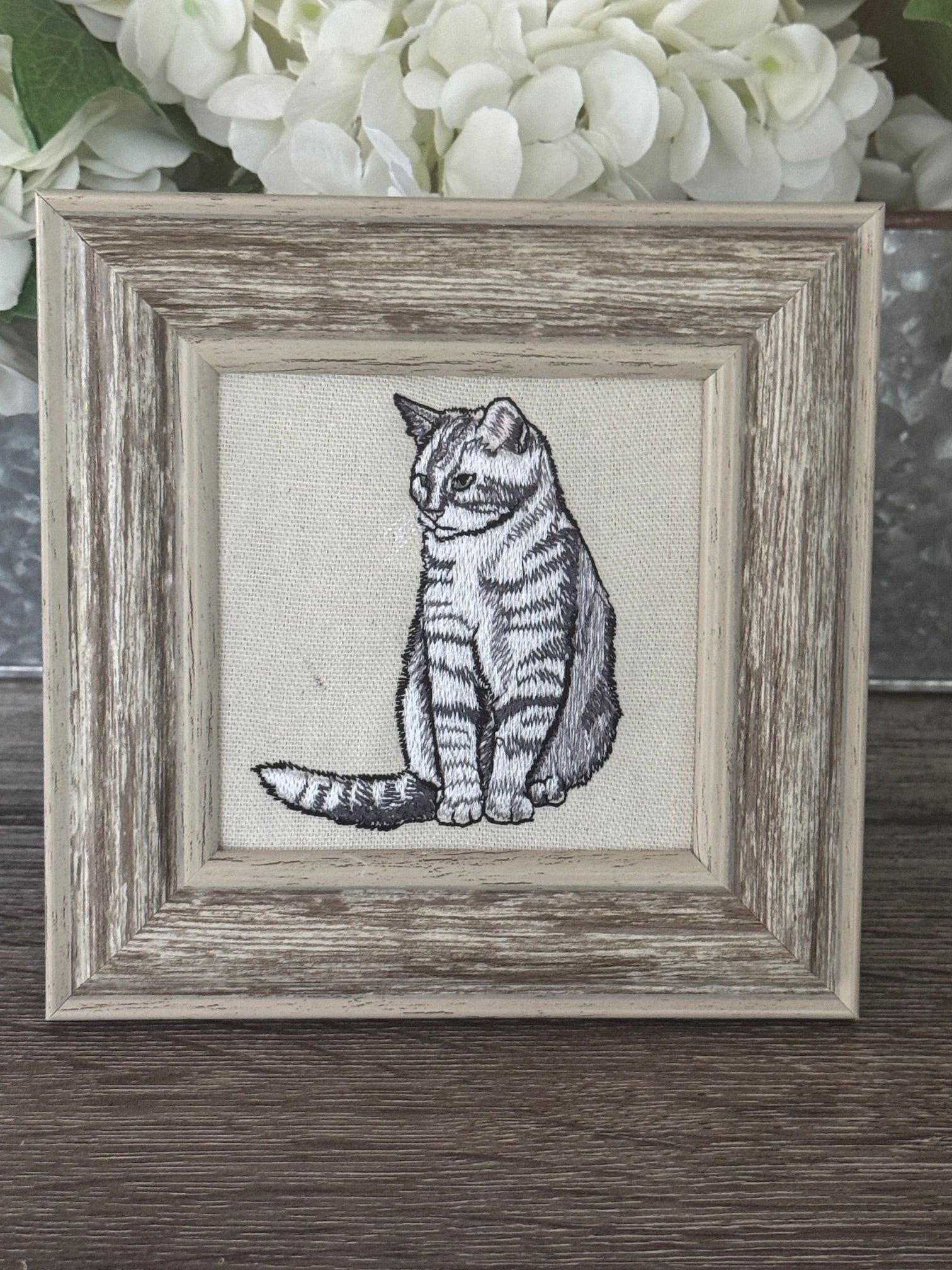 Tabby Cat Machine Embroidered Framed Art