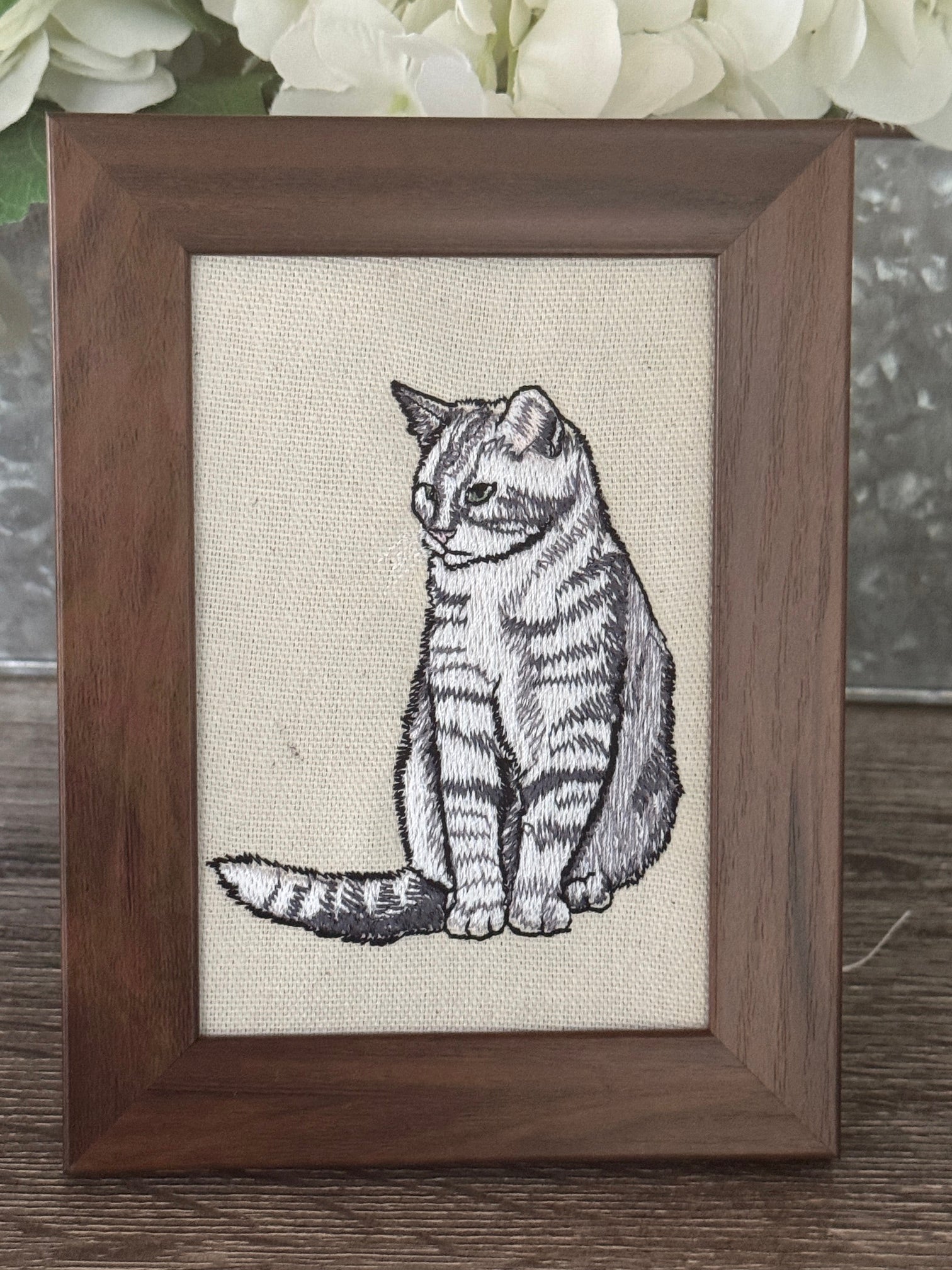 Tabby Cat Machine Embroidered Framed Art