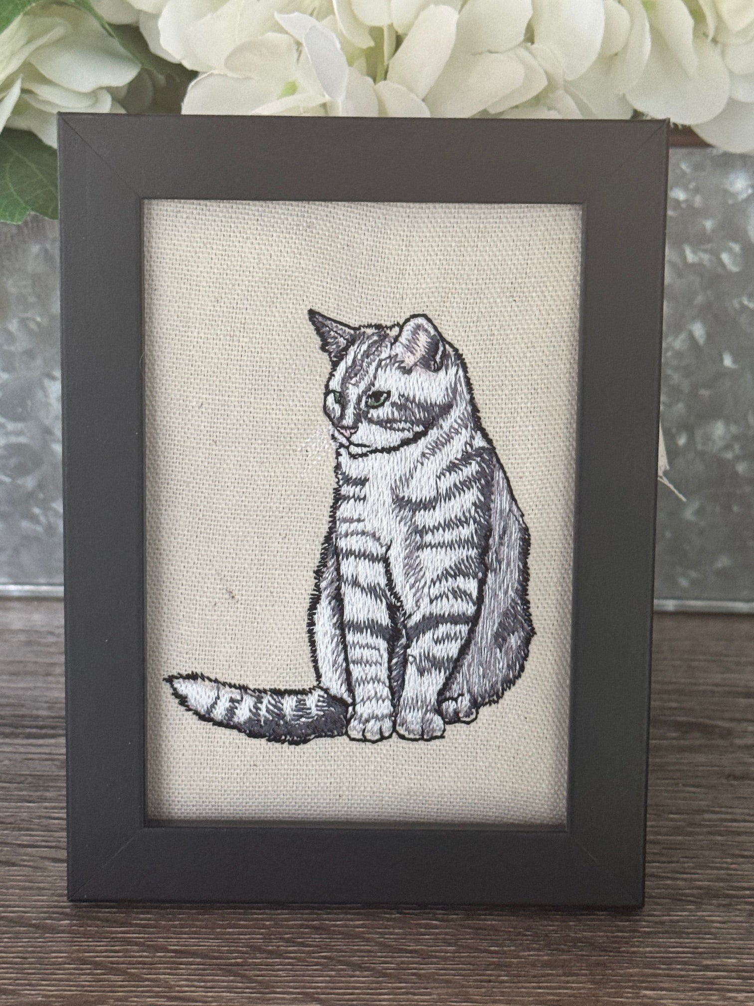 Tabby Cat Machine Embroidered Framed Art