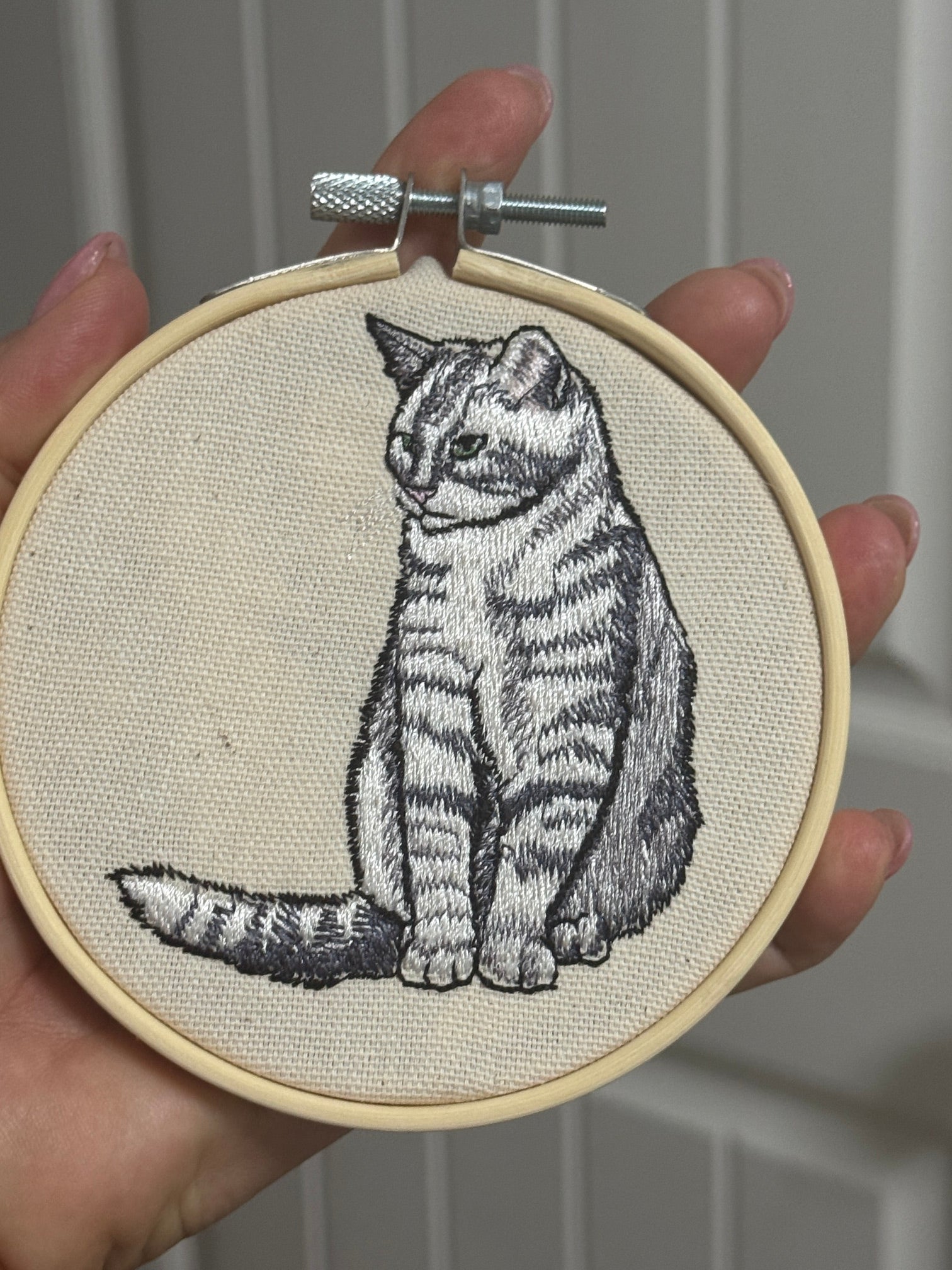 Tabby Cat Machine Embroidered Framed Art