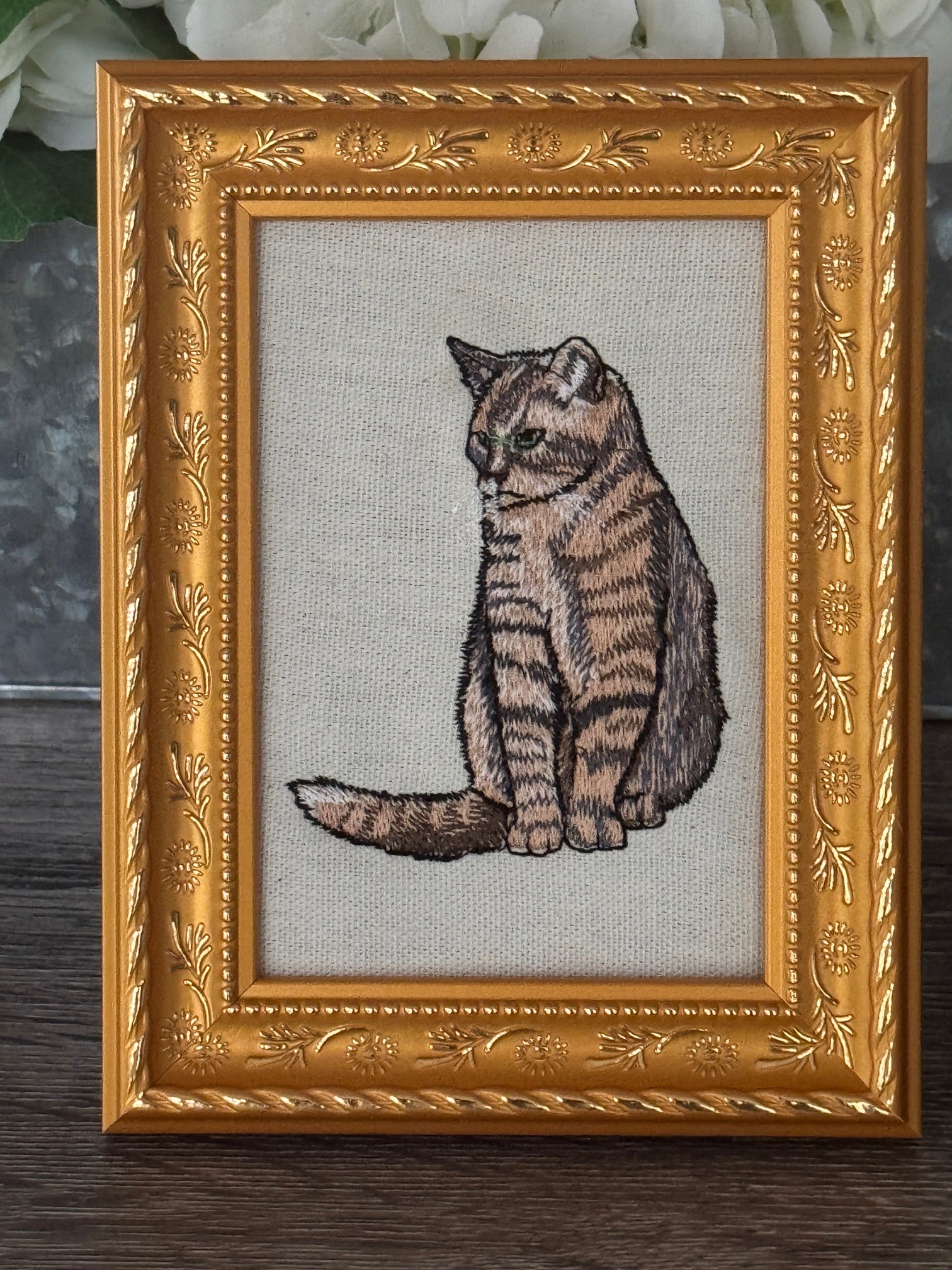 Tabby Cat Machine Embroidered Framed Art