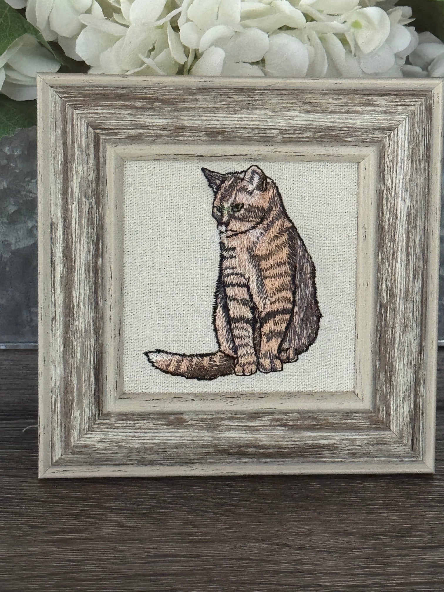 Tabby Cat Machine Embroidered Framed Art
