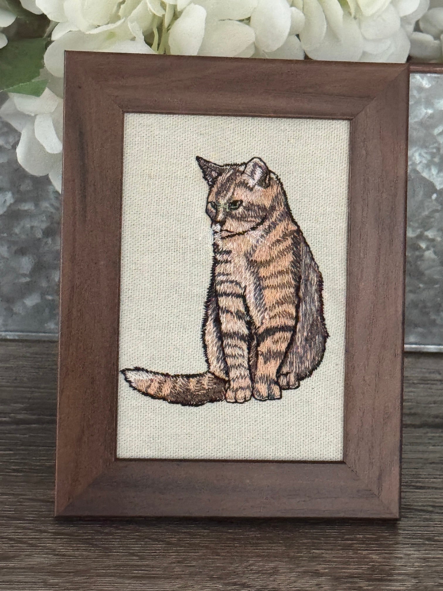 Tabby Cat Machine Embroidered Framed Art