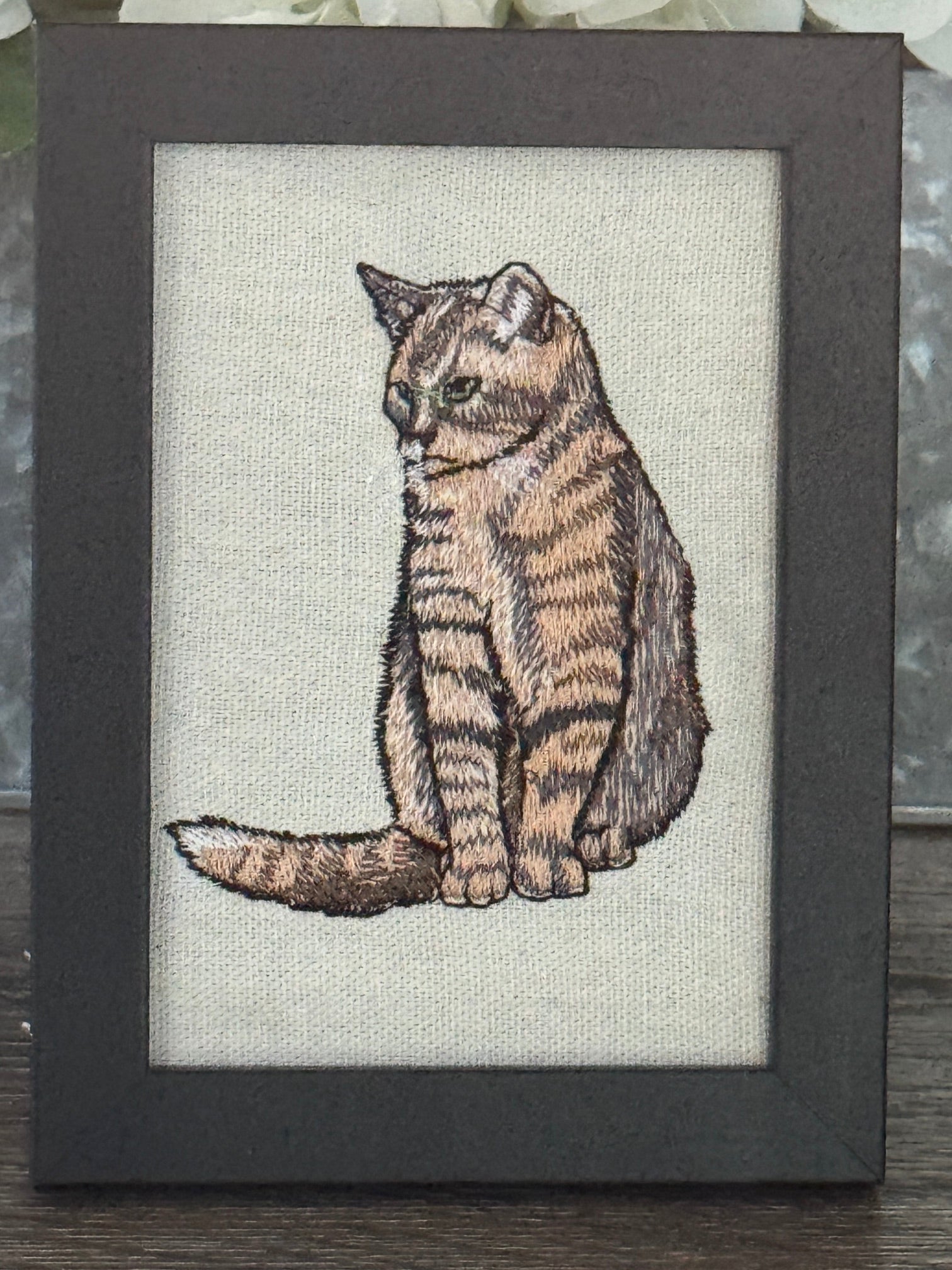 Tabby Cat Machine Embroidered Framed Art