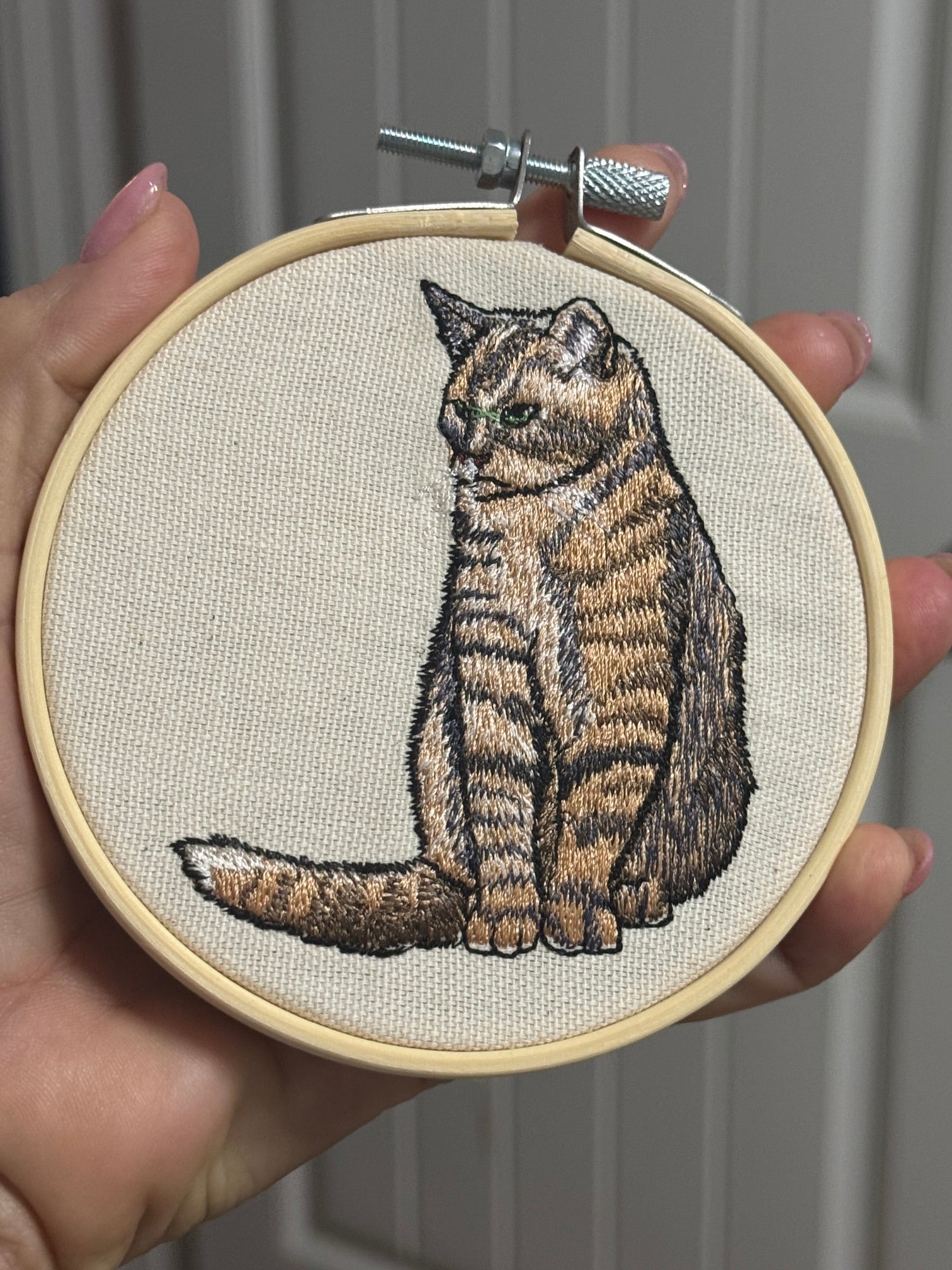 Tabby Cat Machine Embroidered Framed Art