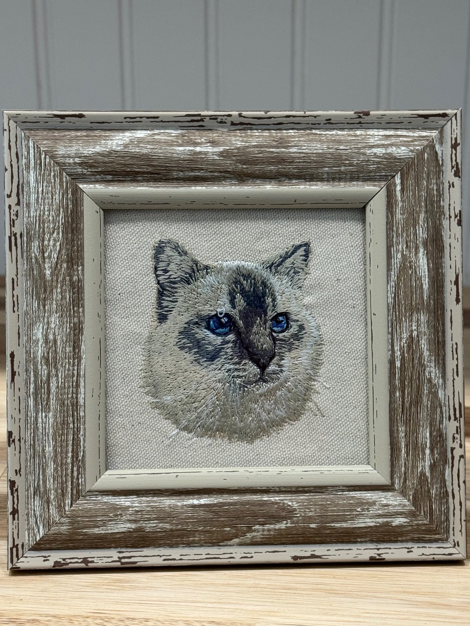 Cat Machine Embroidered Framed Art | Feline Tabletop Decor