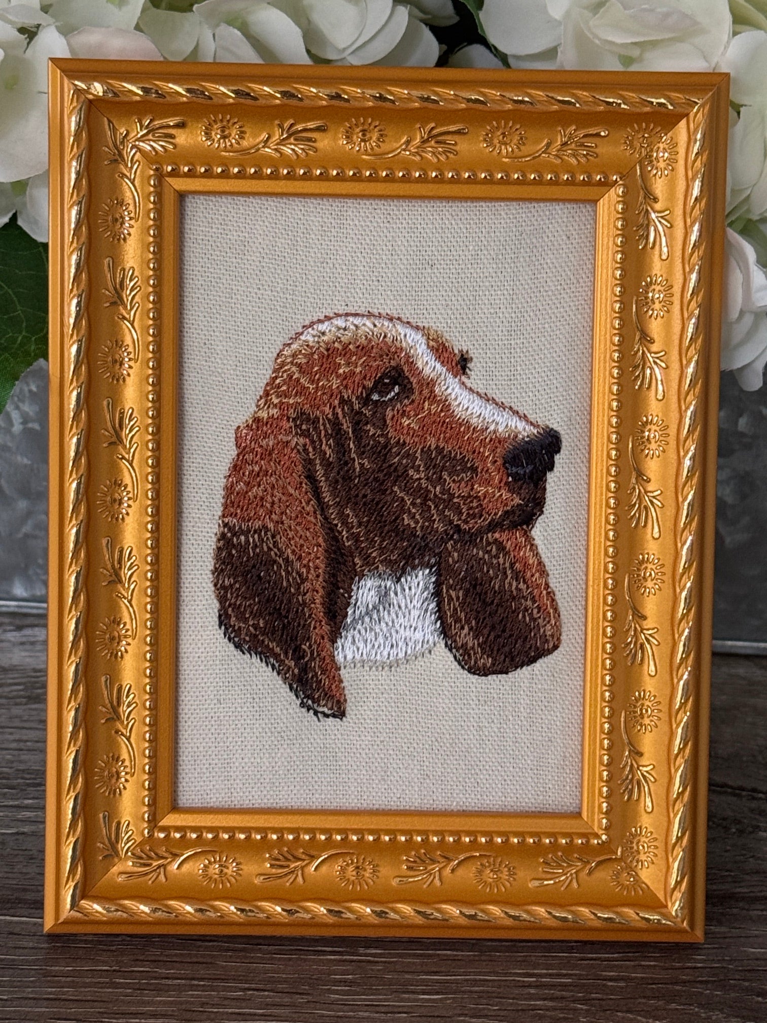 Basset Hound Machine Embroidered Framed Art | Tabletop Decor for Home or Office