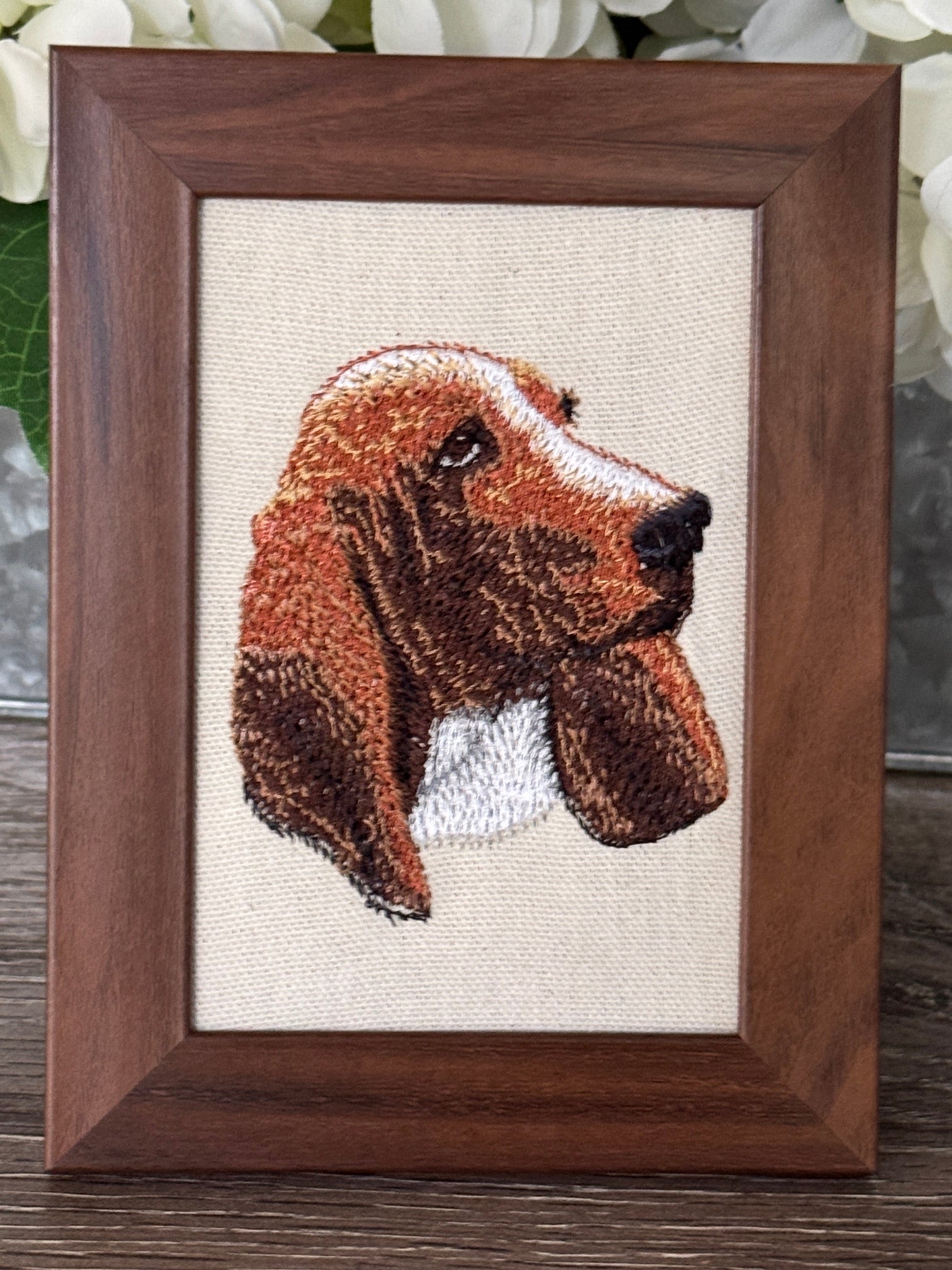 Basset Hound Machine Embroidered Framed Art | Tabletop Decor for Home or Office