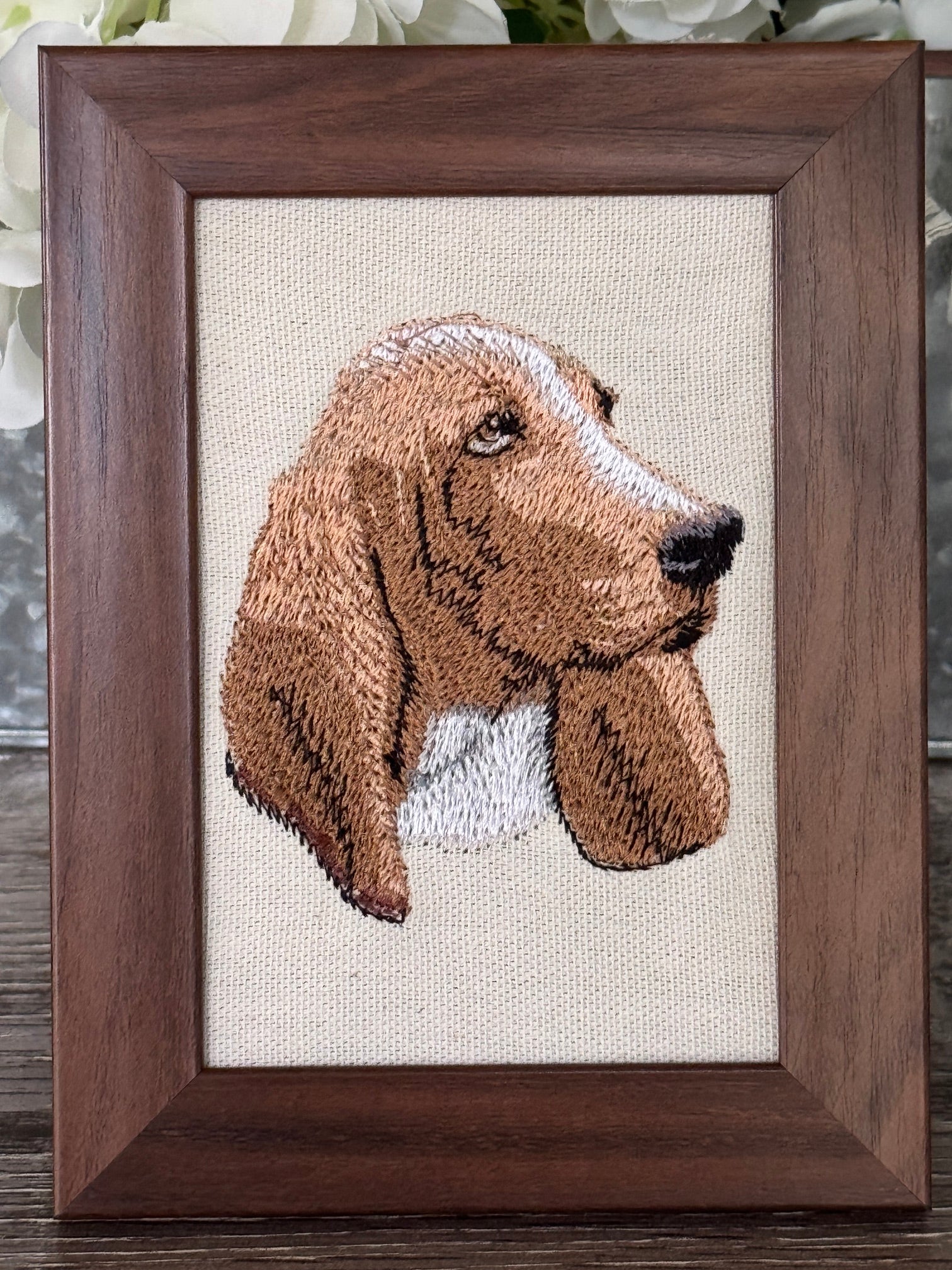 Basset Hound Machine Embroidered Framed Art | Tabletop Decor for Home or Office
