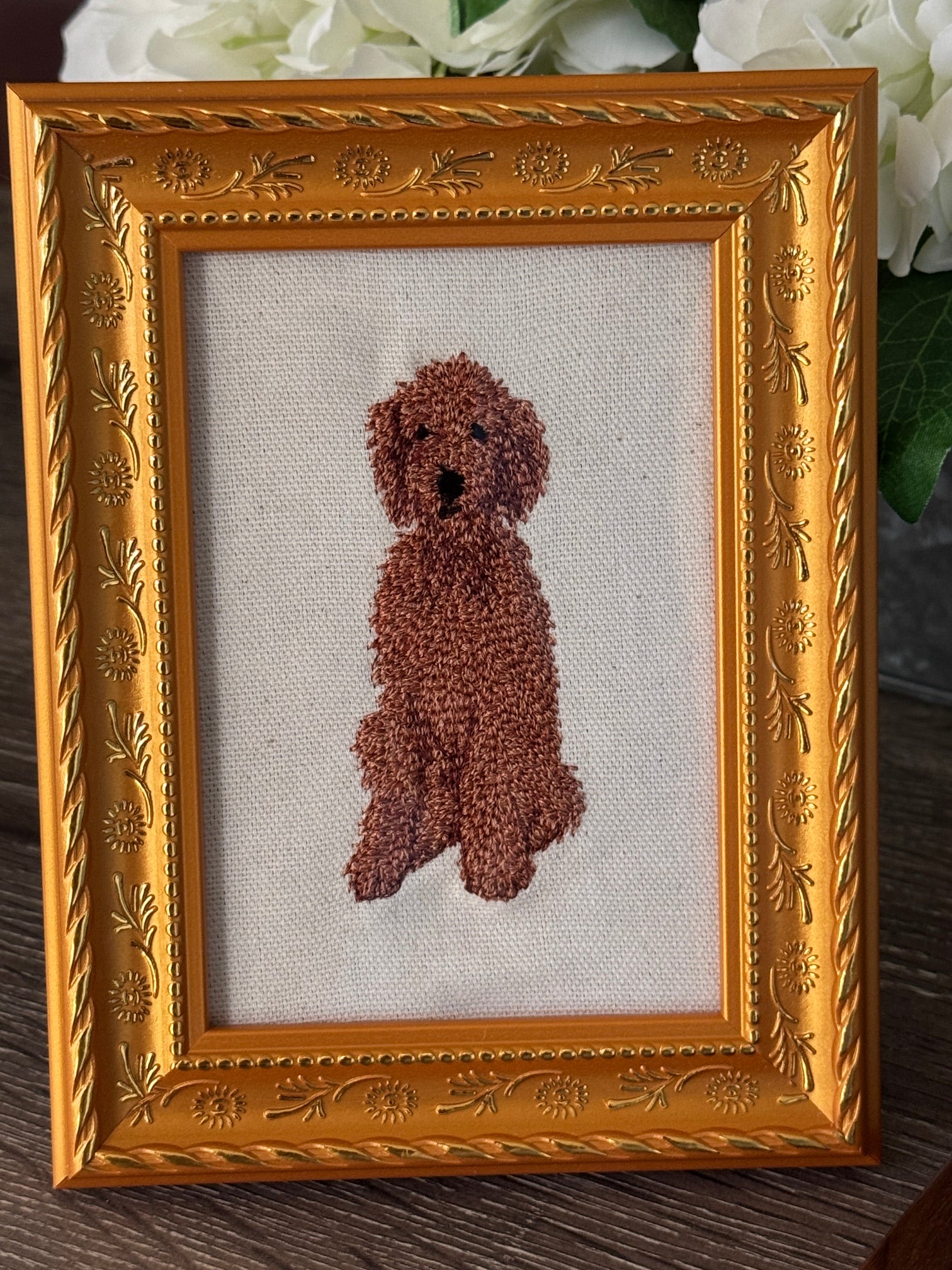 Red Poodle Machine Embroidered Framed Art | Tabletop Decor for Home or Office