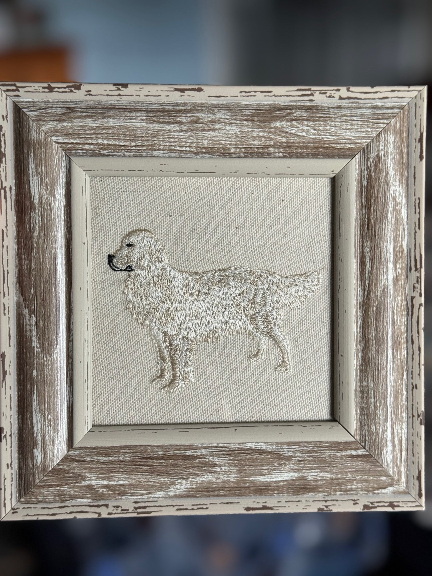 Cream Golden Retriever Machine Embroidered Framed Art | Tabletop Decor