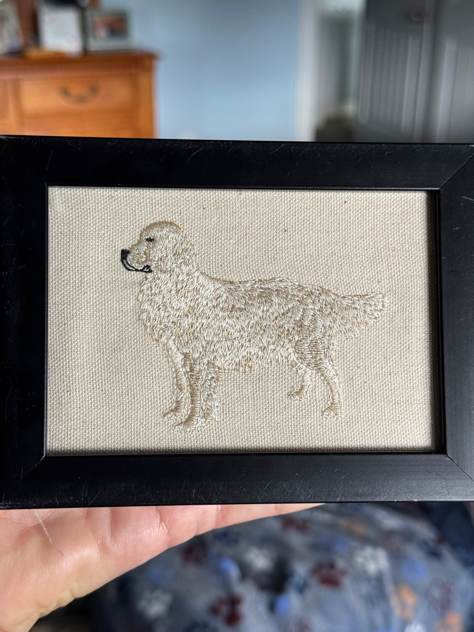 Cream Golden Retriever Machine Embroidered Framed Art | Tabletop Decor