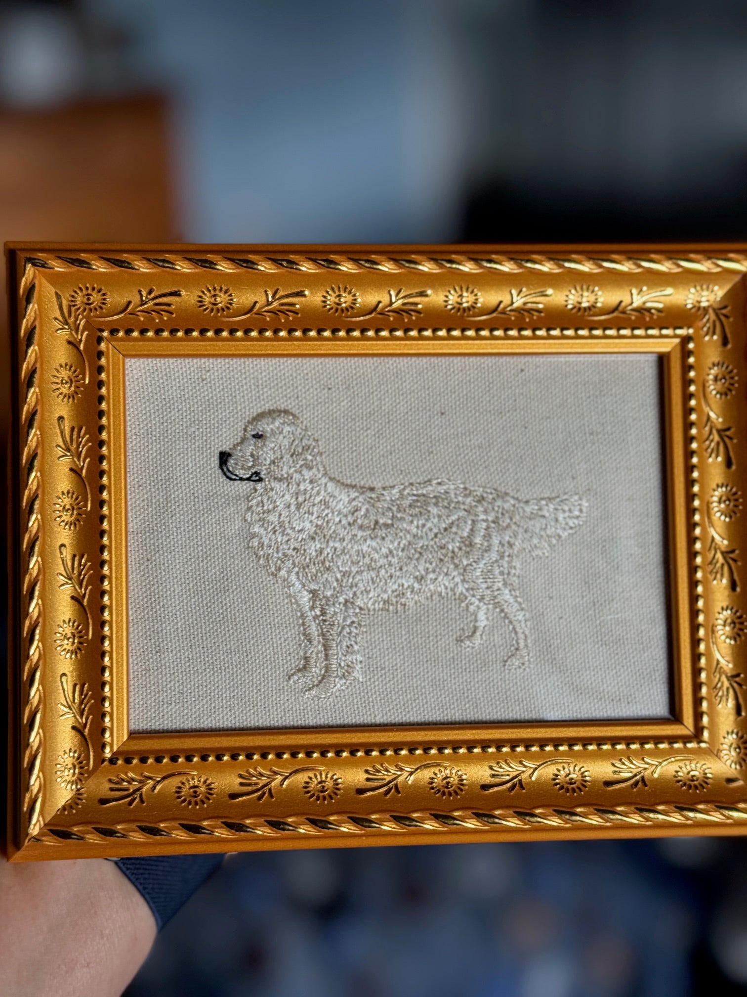 Cream Golden Retriever Machine Embroidered Framed Art | Tabletop Decor