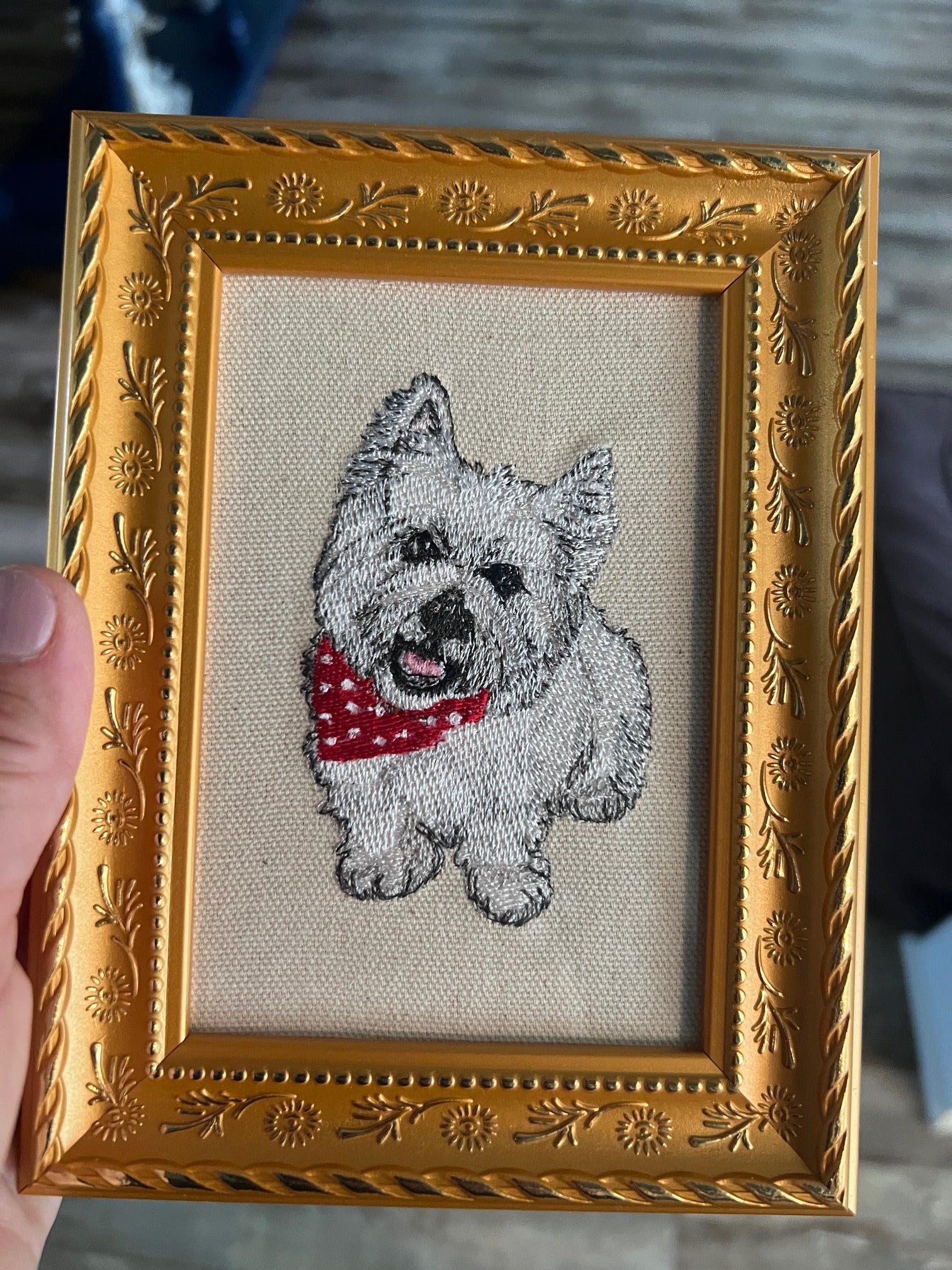 West Highland Terrier Westie Machine Embroidered Framed Art | Tabletop Decor for Home or Office