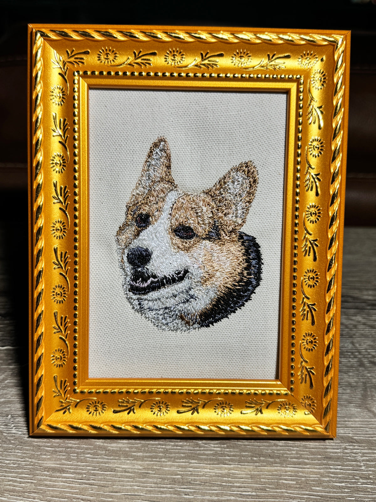 Tri Color Corgi — Machine Embroidered Framed Art | Tabletop Decor