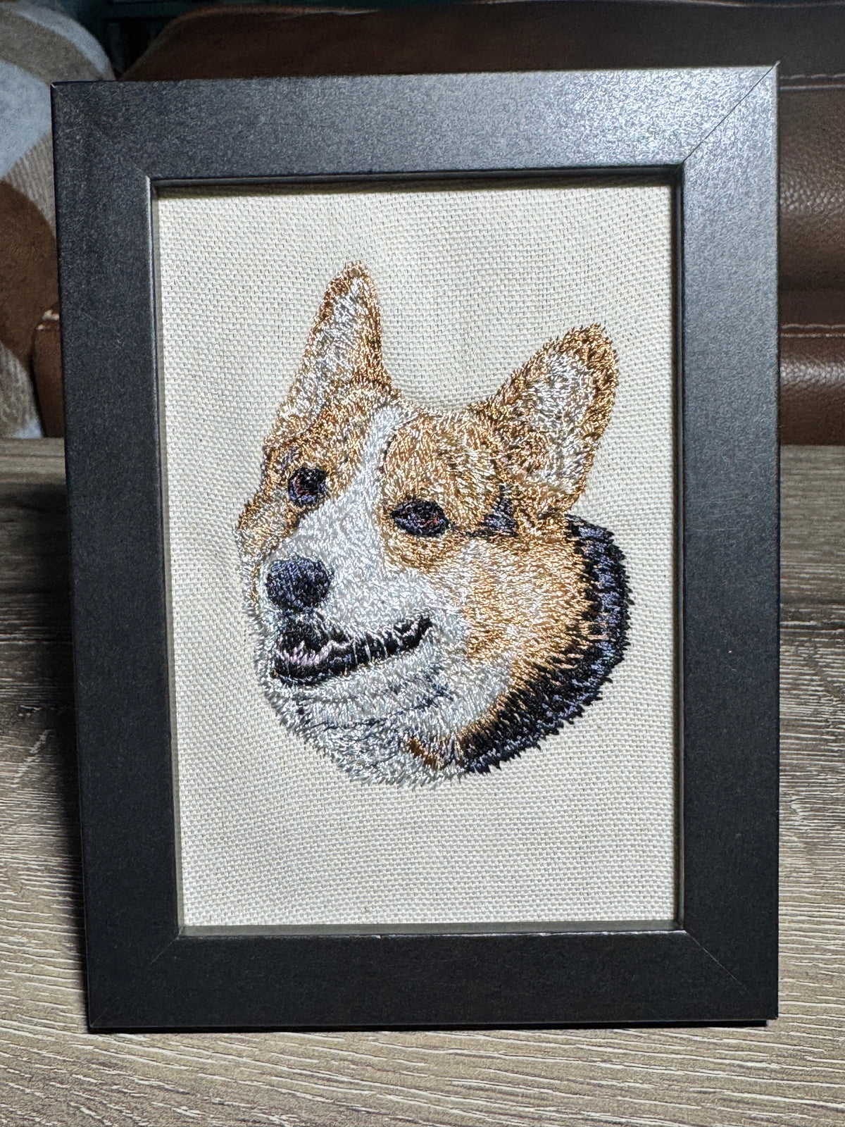 Tri Color Corgi — Machine Embroidered Framed Art | Tabletop Decor