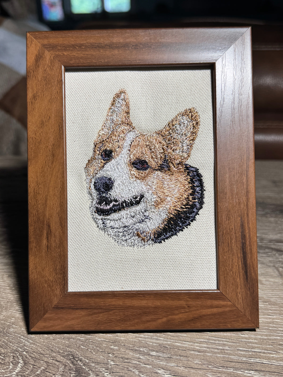 Tri Color Corgi — Machine Embroidered Framed Art | Tabletop Decor