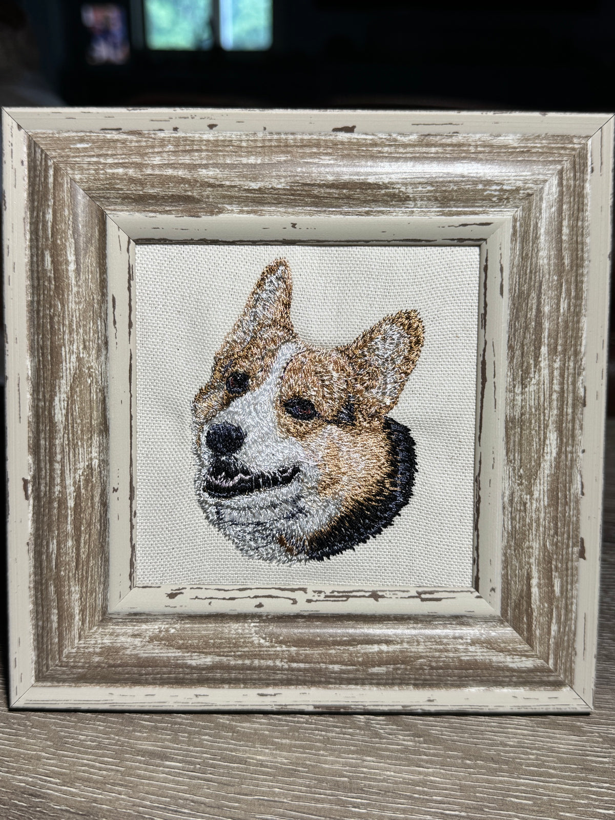 Tri Color Corgi — Machine Embroidered Framed Art | Tabletop Decor