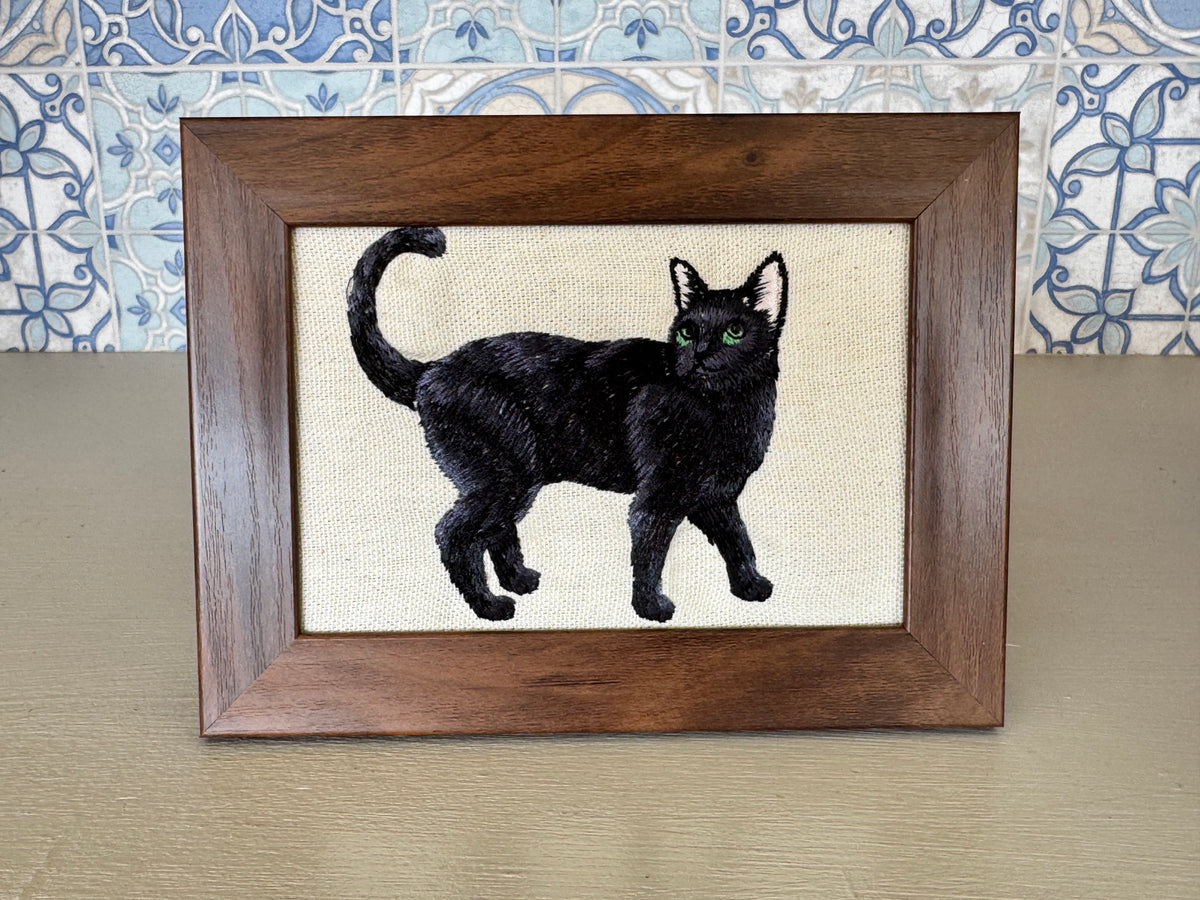 Black Cat Machine Embroidered Framed Art | Tabletop Decor