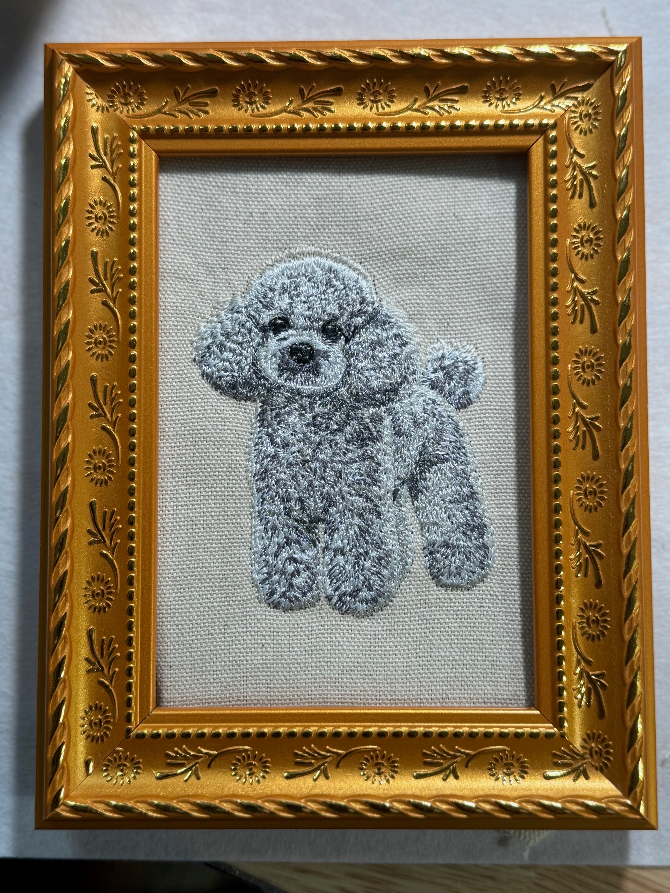 Toy Poodle Machine Embroidered Framed Art | Tabletop Decor