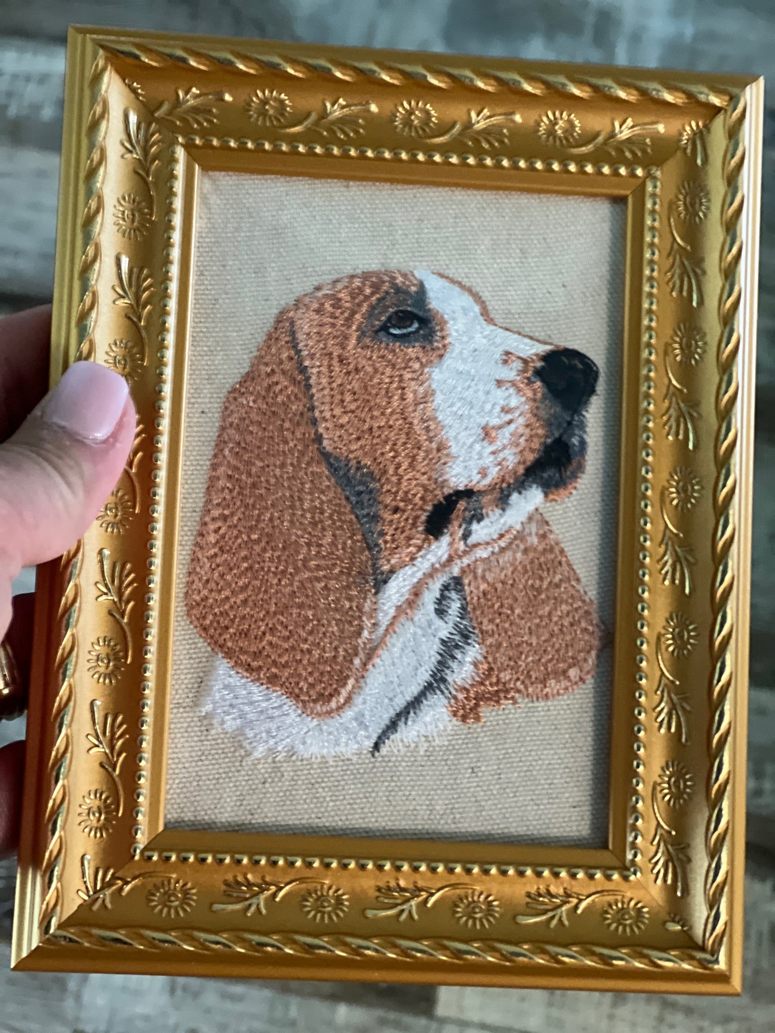 Basset Hound Machine Embroidered Framed Art | Tabletop Decor for Home or Office