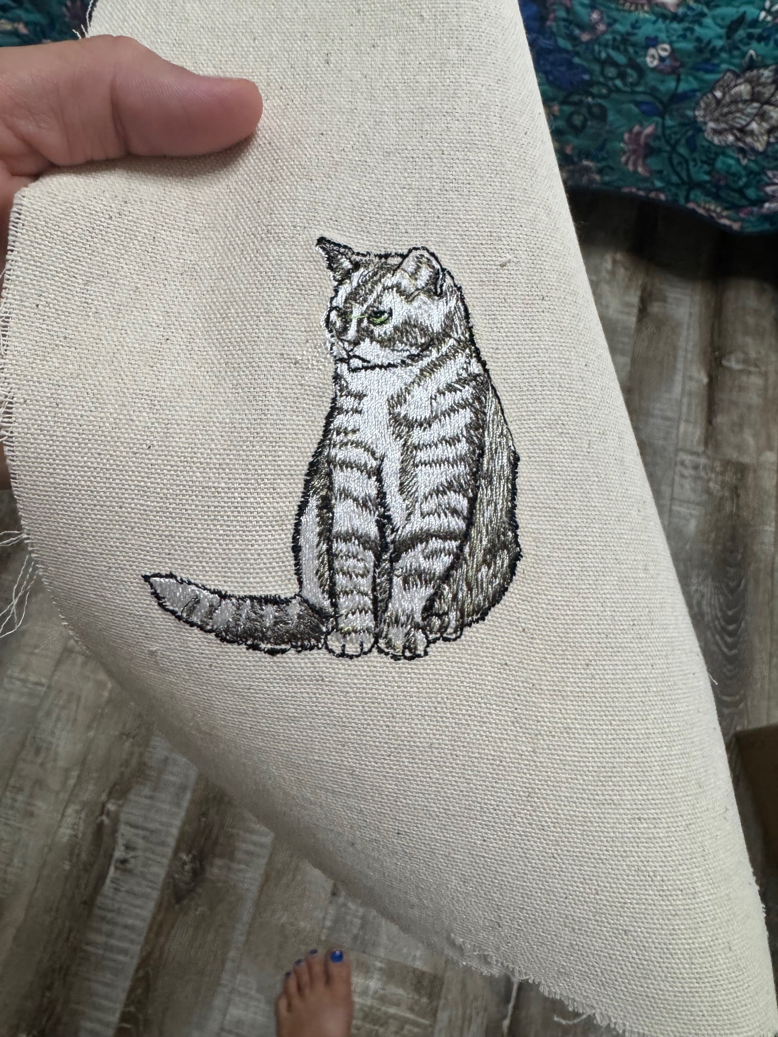 Tabby Cat Machine Embroidered Framed Art | Tabletop Decor
