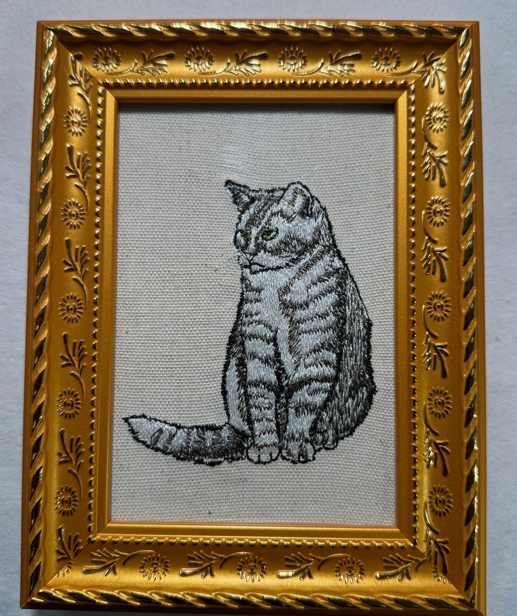 Tabby Cat Machine Embroidered Framed Art | Tabletop Decor