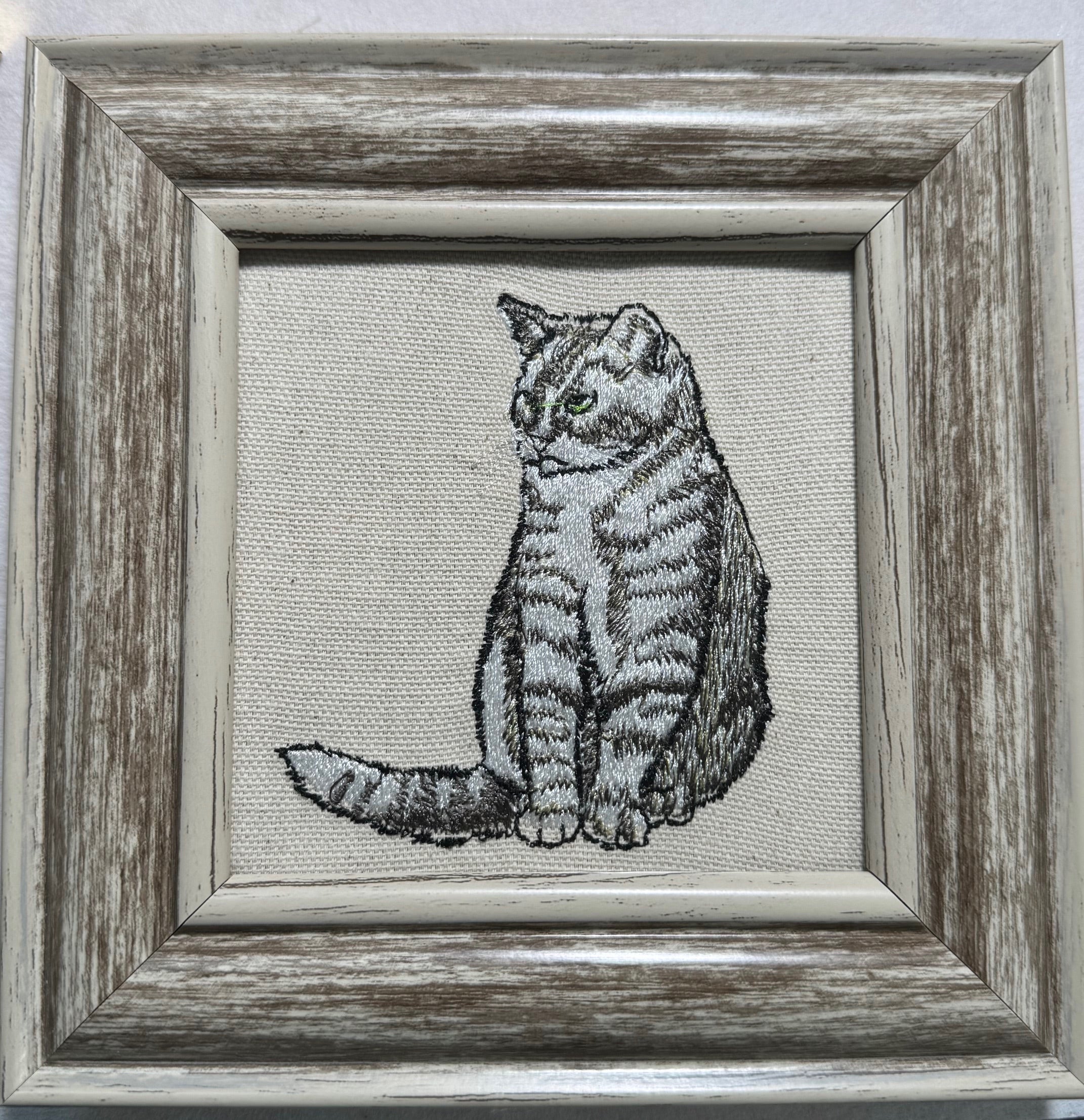 Tabby Cat Machine Embroidered Framed Art | Tabletop Decor