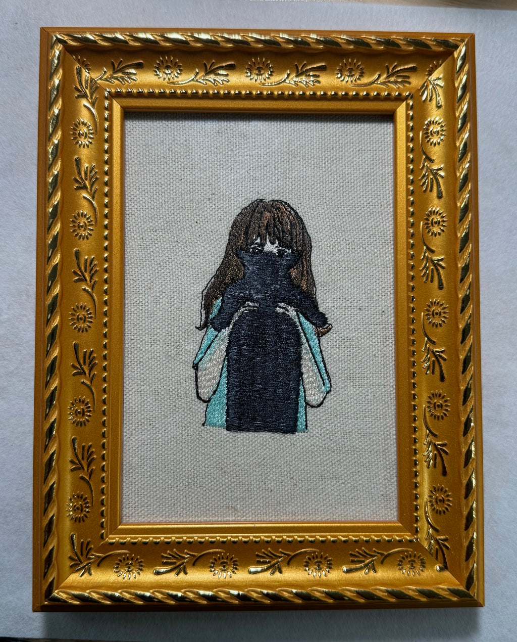 Cat and Girl Machine Embroidered Framed Art | Tabletop Decor