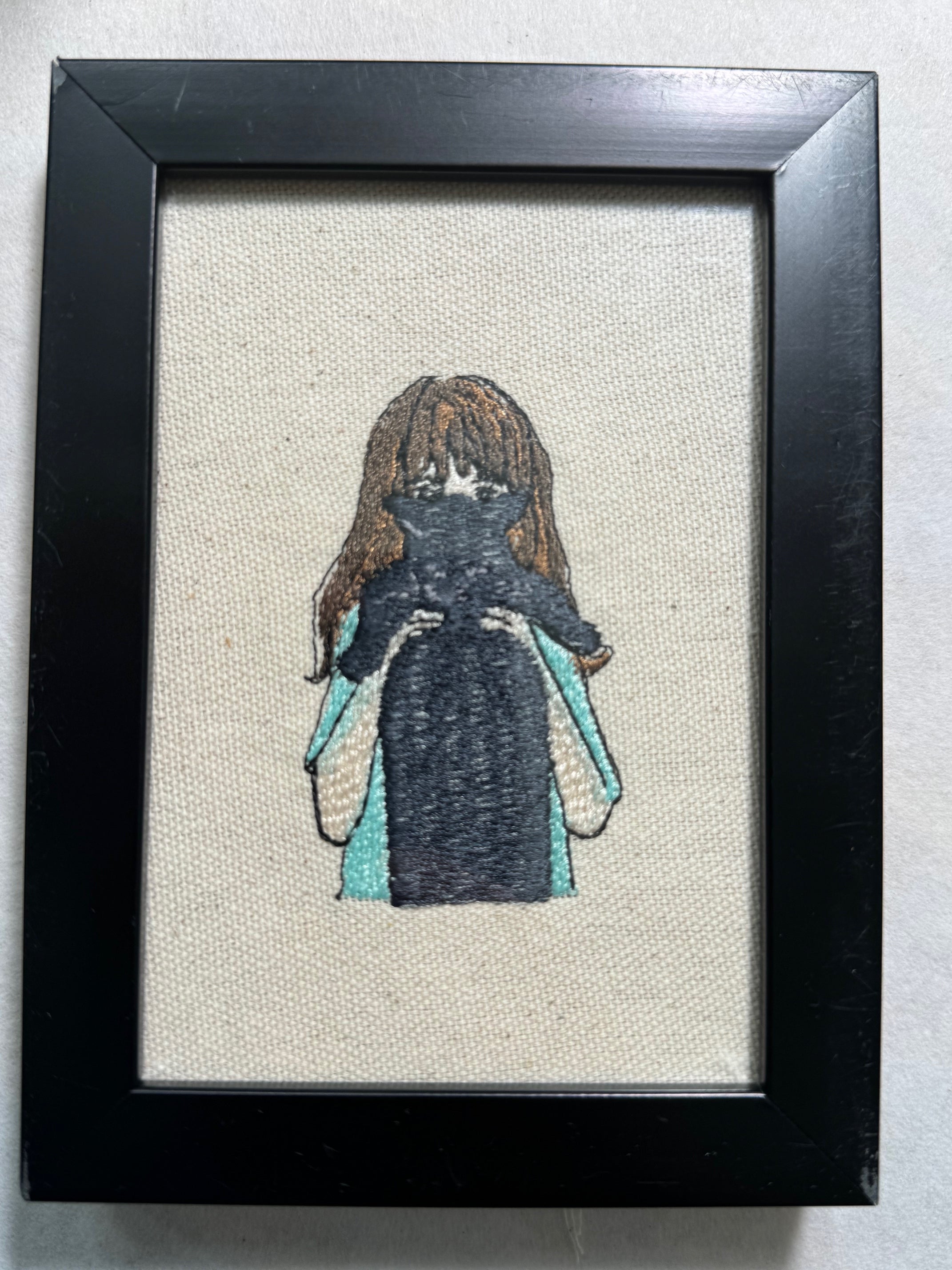 Cat and Girl Machine Embroidered Framed Art | Tabletop Decor