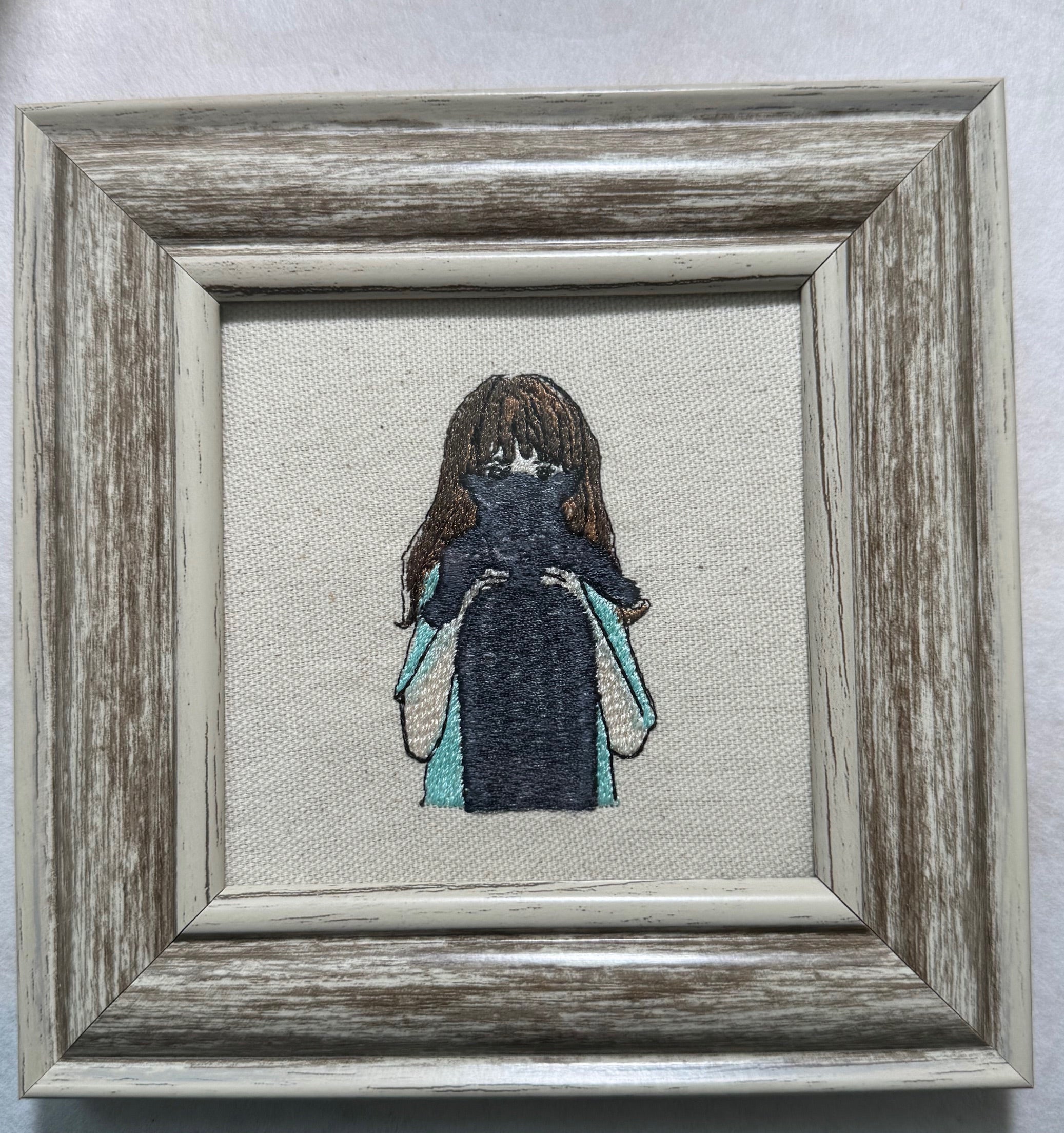 Cat and Girl Machine Embroidered Framed Art | Tabletop Decor