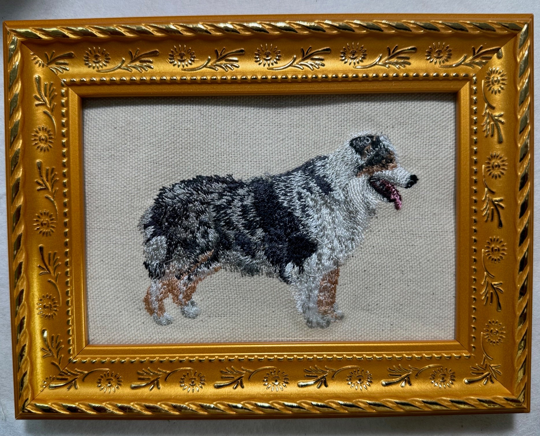 Australian Shepherd Machine Embroidered Framed Art | Tabletop Decor