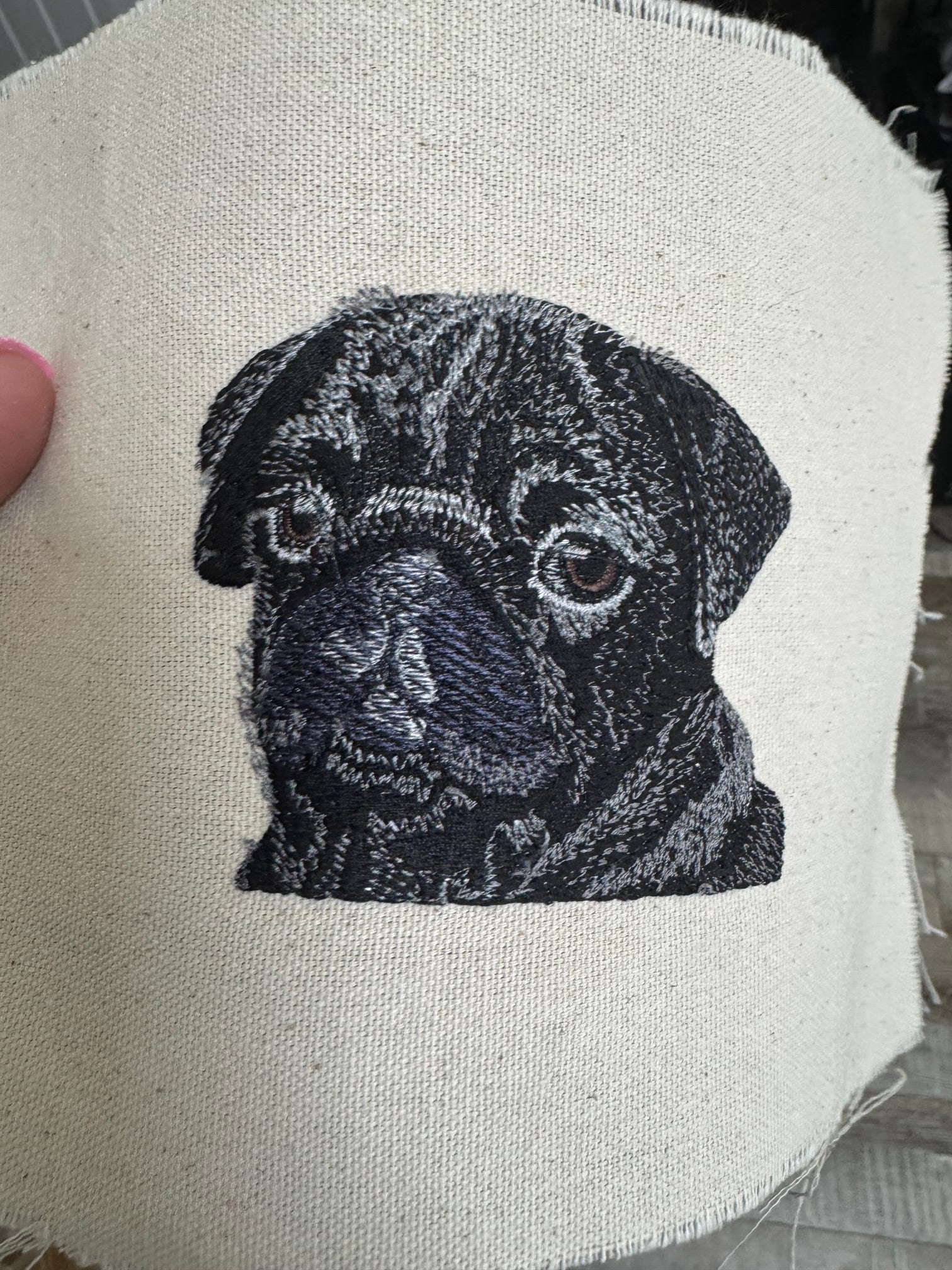 Black Pug Machine Embroidered Art | Framed Dog Breed Décor