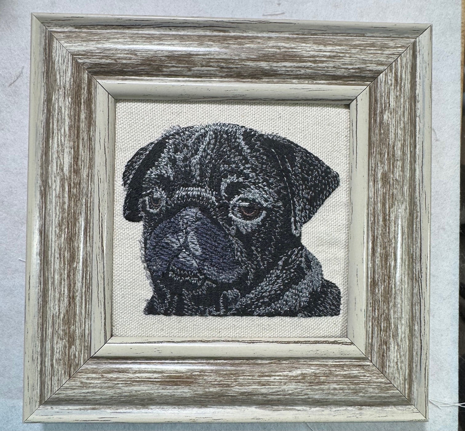 Black Pug Machine Embroidered Art | Framed Dog Breed Décor