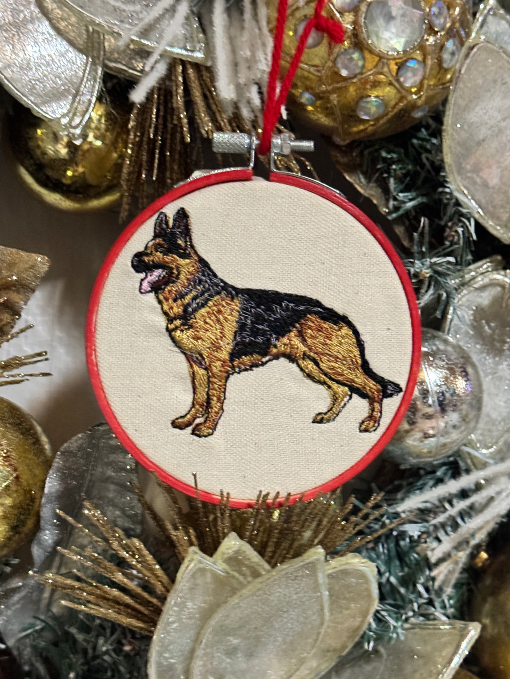 German Shepherd Christmas Ornament, Machine Embroidered, 4-Inch Hanging Hoop