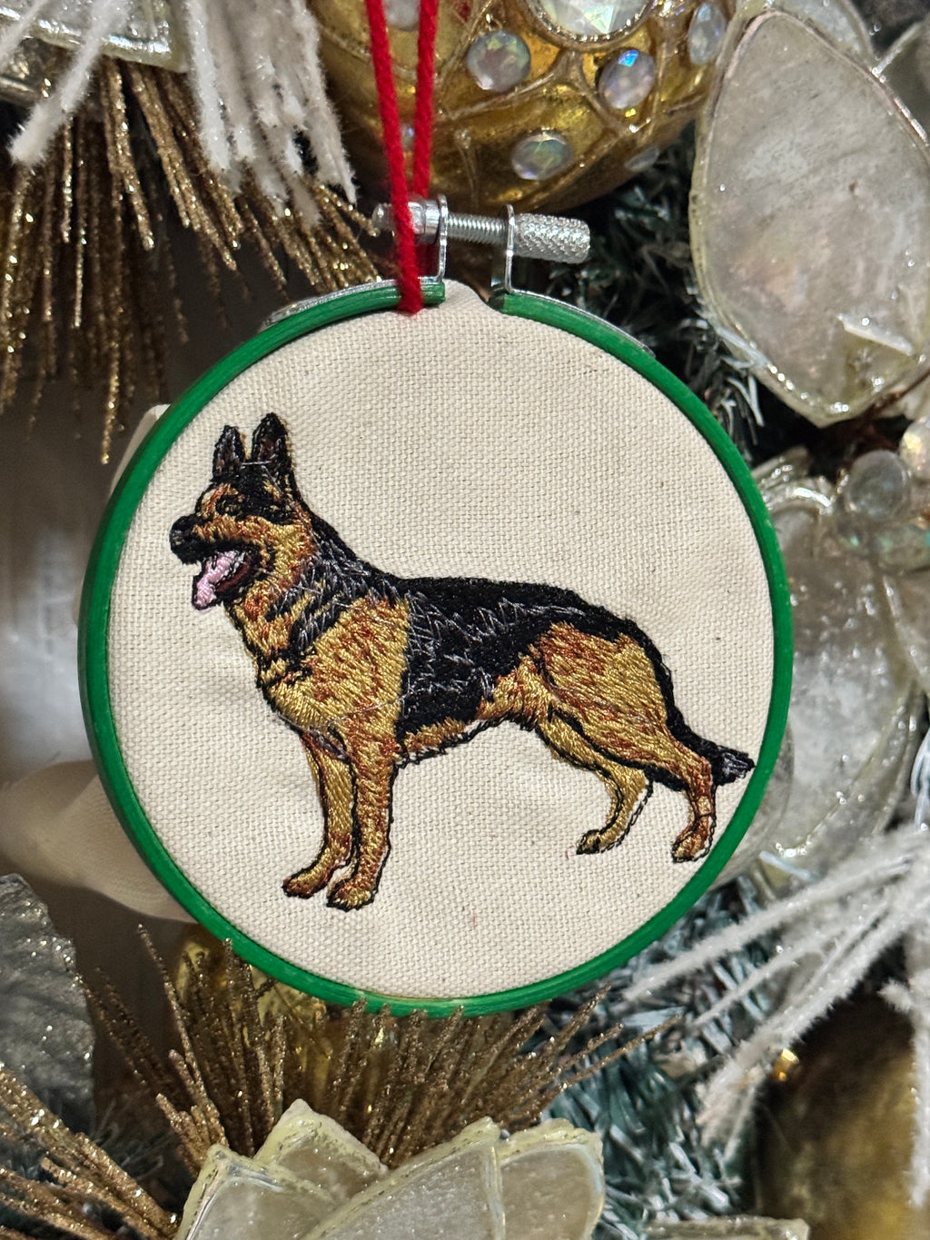German Shepherd Christmas Ornament, Machine Embroidered, 4-Inch Hanging Hoop