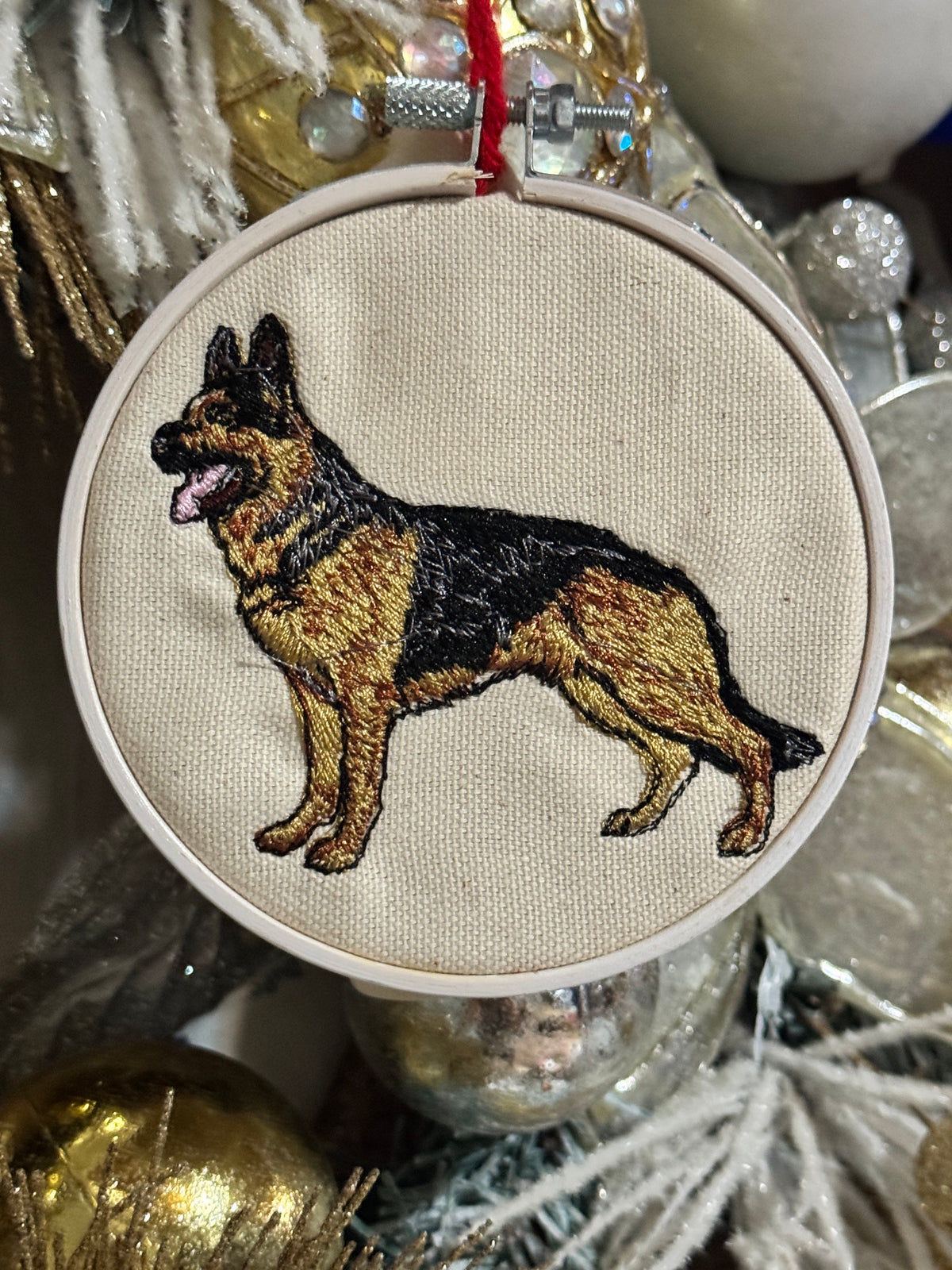 German Shepherd Christmas Ornament, Machine Embroidered, 4-Inch Hanging Hoop