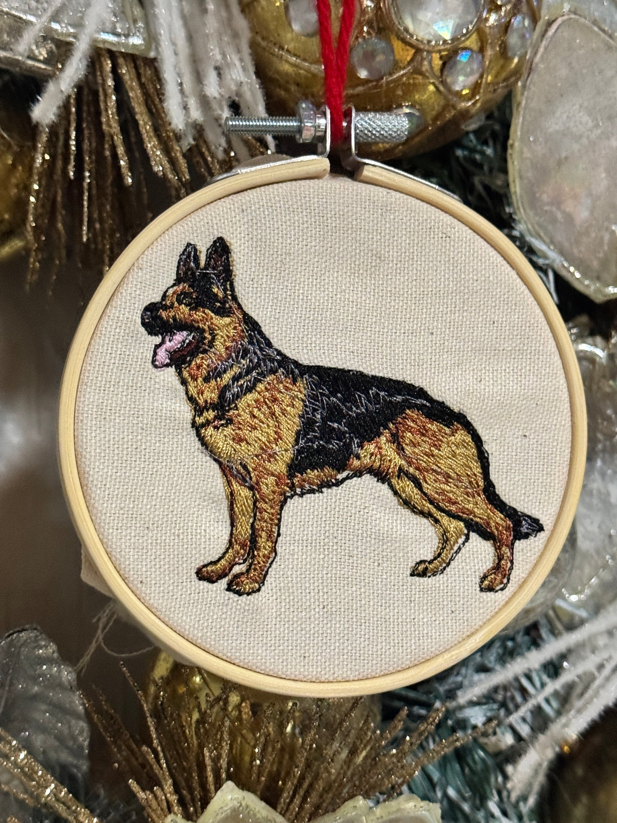 German Shepherd Christmas Ornament, Machine Embroidered, 4-Inch Hanging Hoop