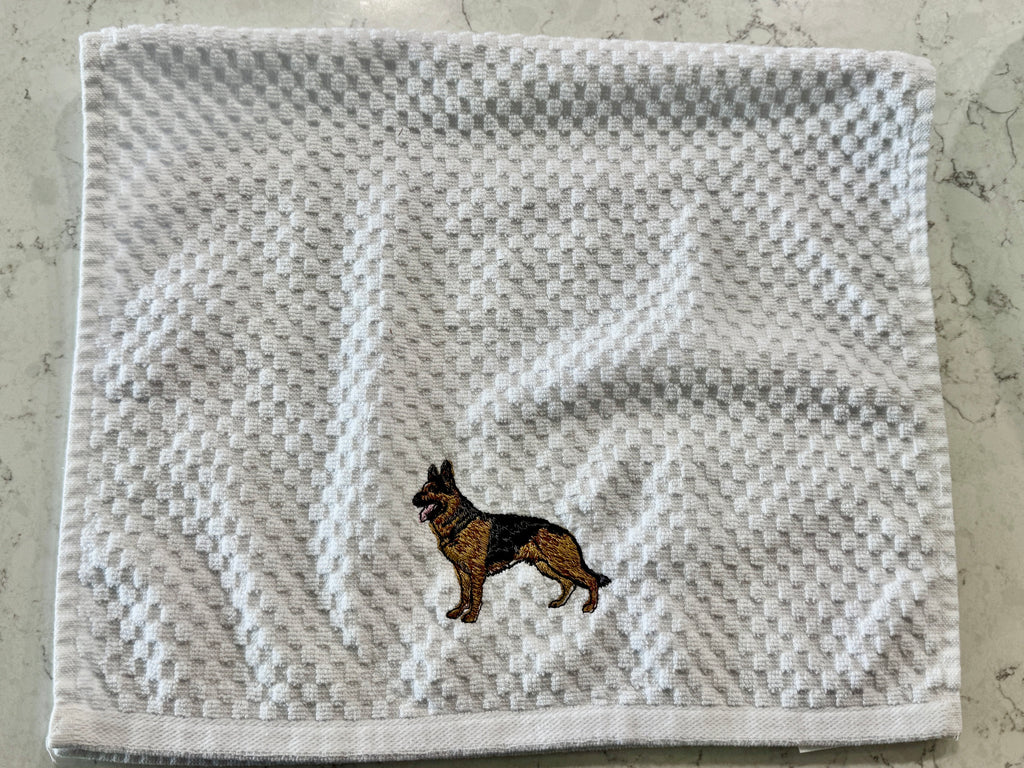 German Shepherd Embroidered Kitchen Towel | Dog Lover Gift | 16x27 White Towel