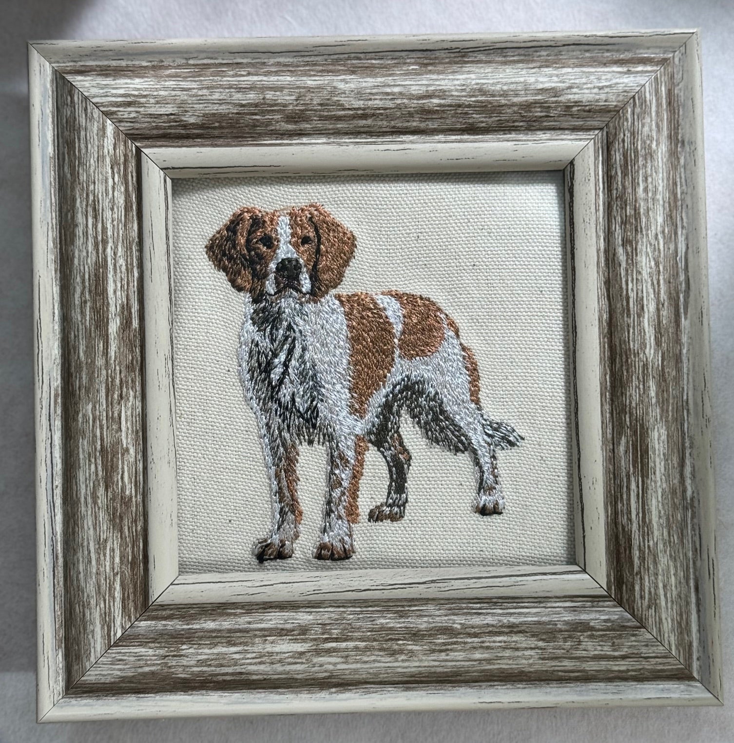 Red Brittany Spaniel Machine Embroidered Framed Art | Tabletop Decor