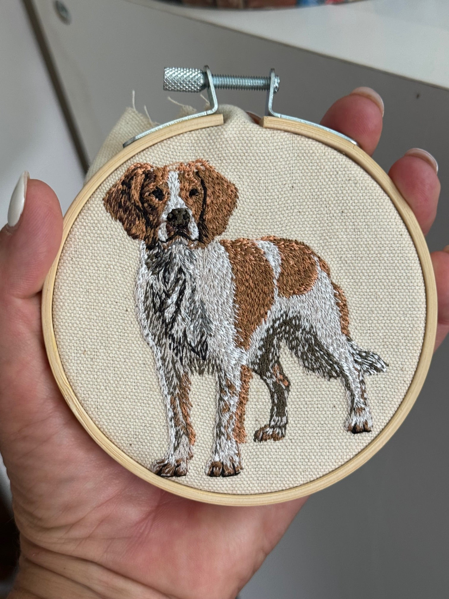 Red Brittany Spaniel Machine Embroidered Framed Art | Tabletop Decor