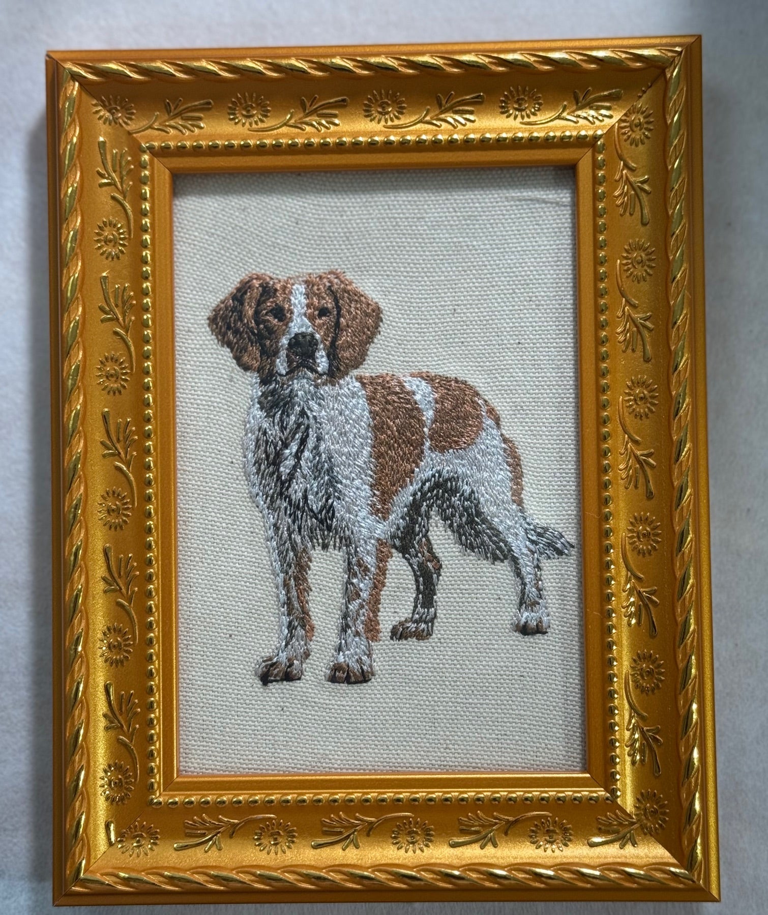 Red Brittany Spaniel Machine Embroidered Framed Art | Tabletop Decor