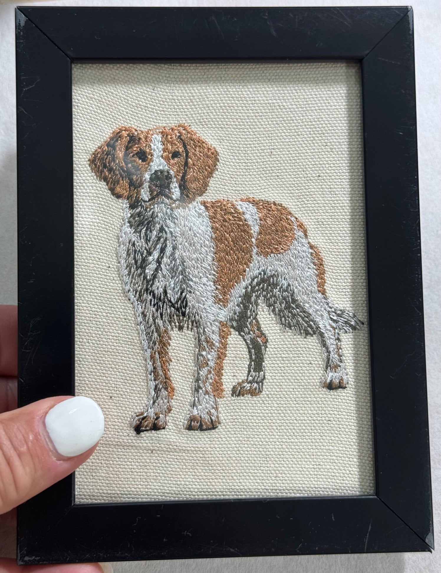 Red Brittany Spaniel Machine Embroidered Framed Art | Tabletop Decor