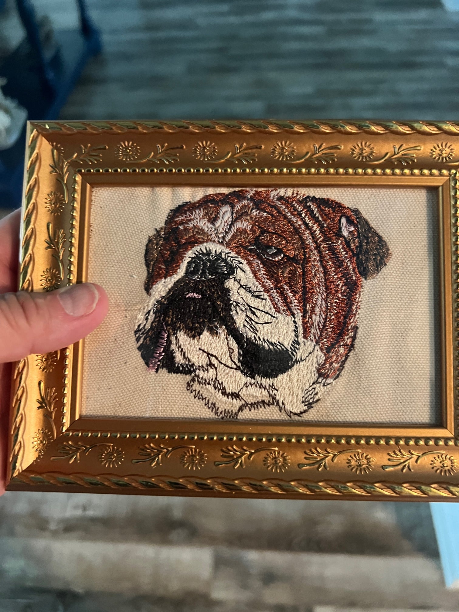 Bulldog Machine Embroidered Framed Art | Tabletop Decor for Home or Office