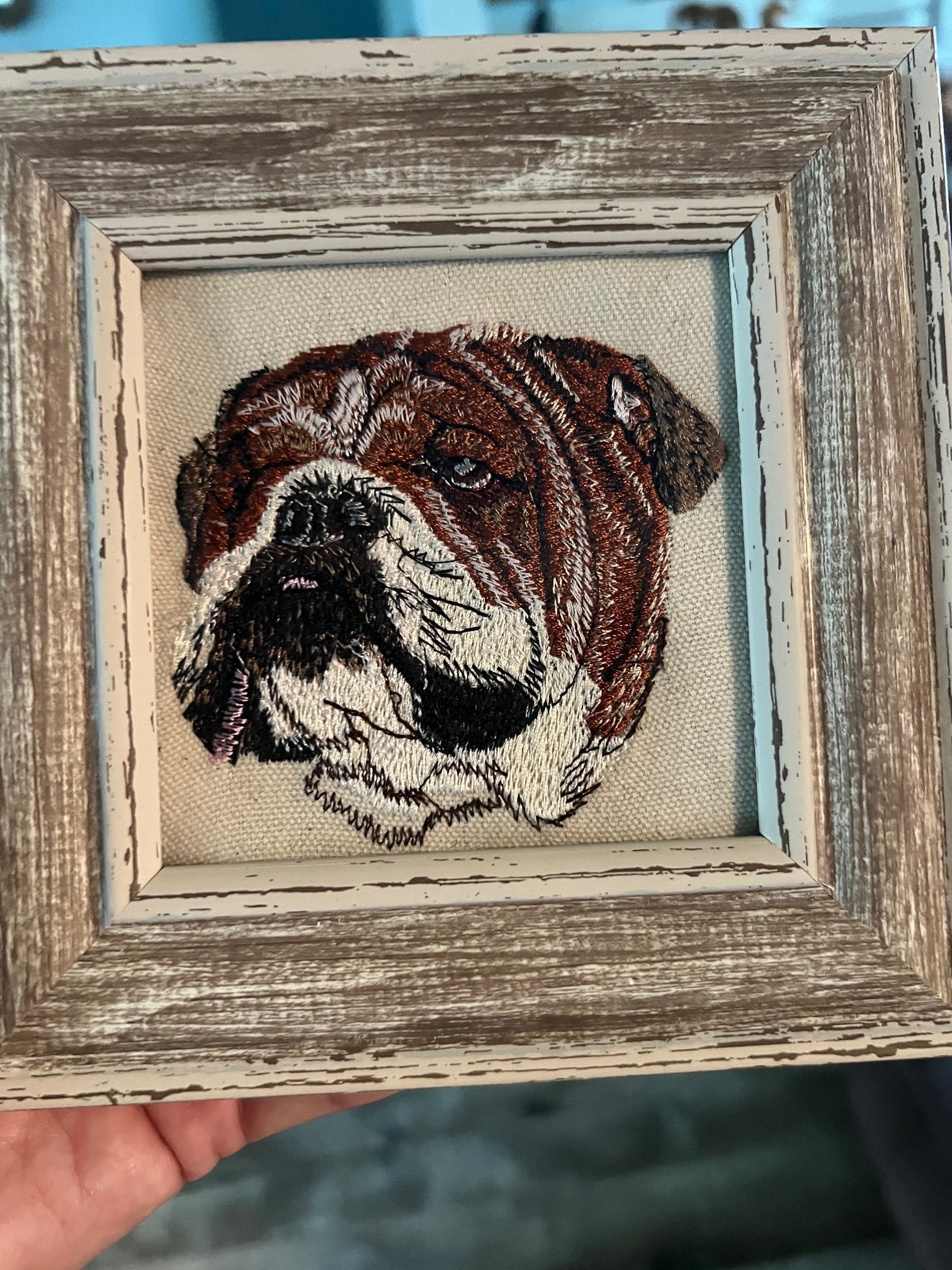 Bulldog Machine Embroidered Framed Art | Tabletop Decor for Home or Office