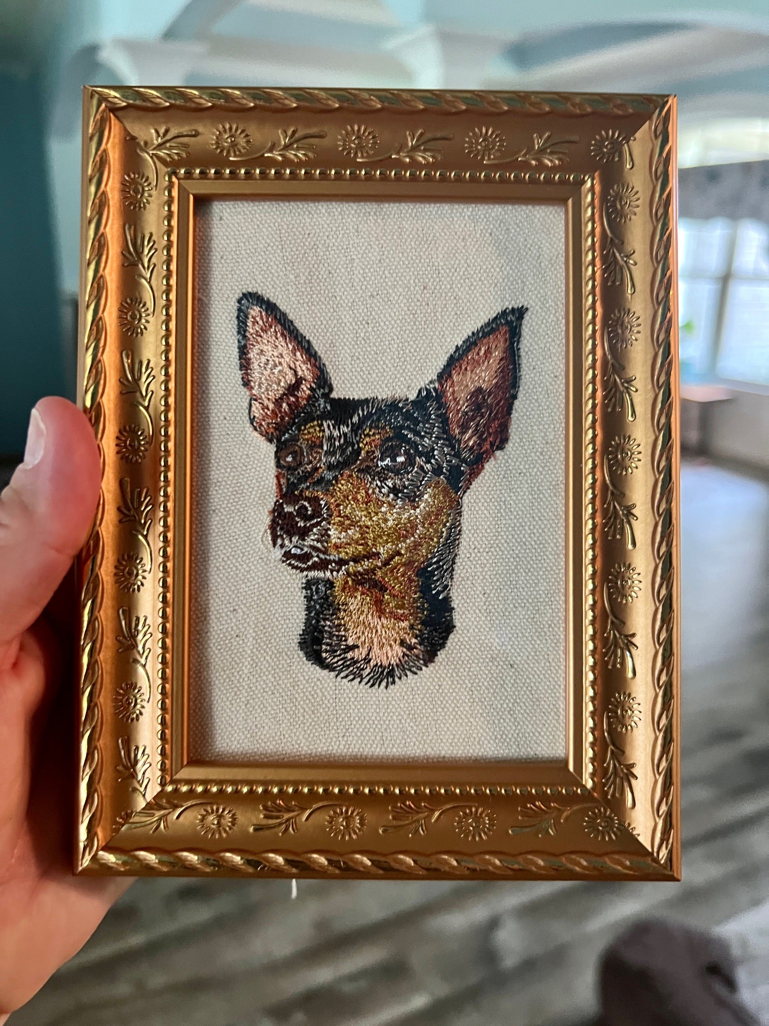 Miniature Pinscher Machine Embroidered Framed Art | Tabletop Decor for Home or Office