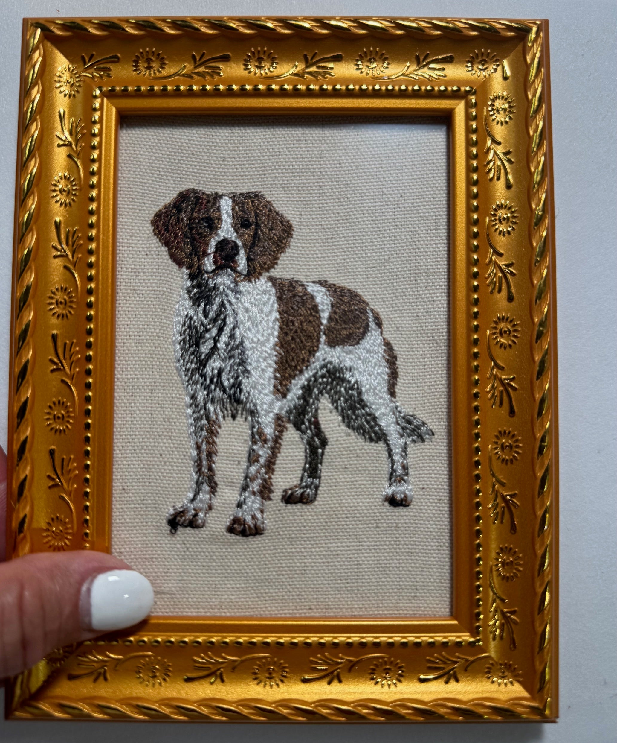 Brittany Spaniel Machine Embroidered Framed Art | Tabletop Decor
