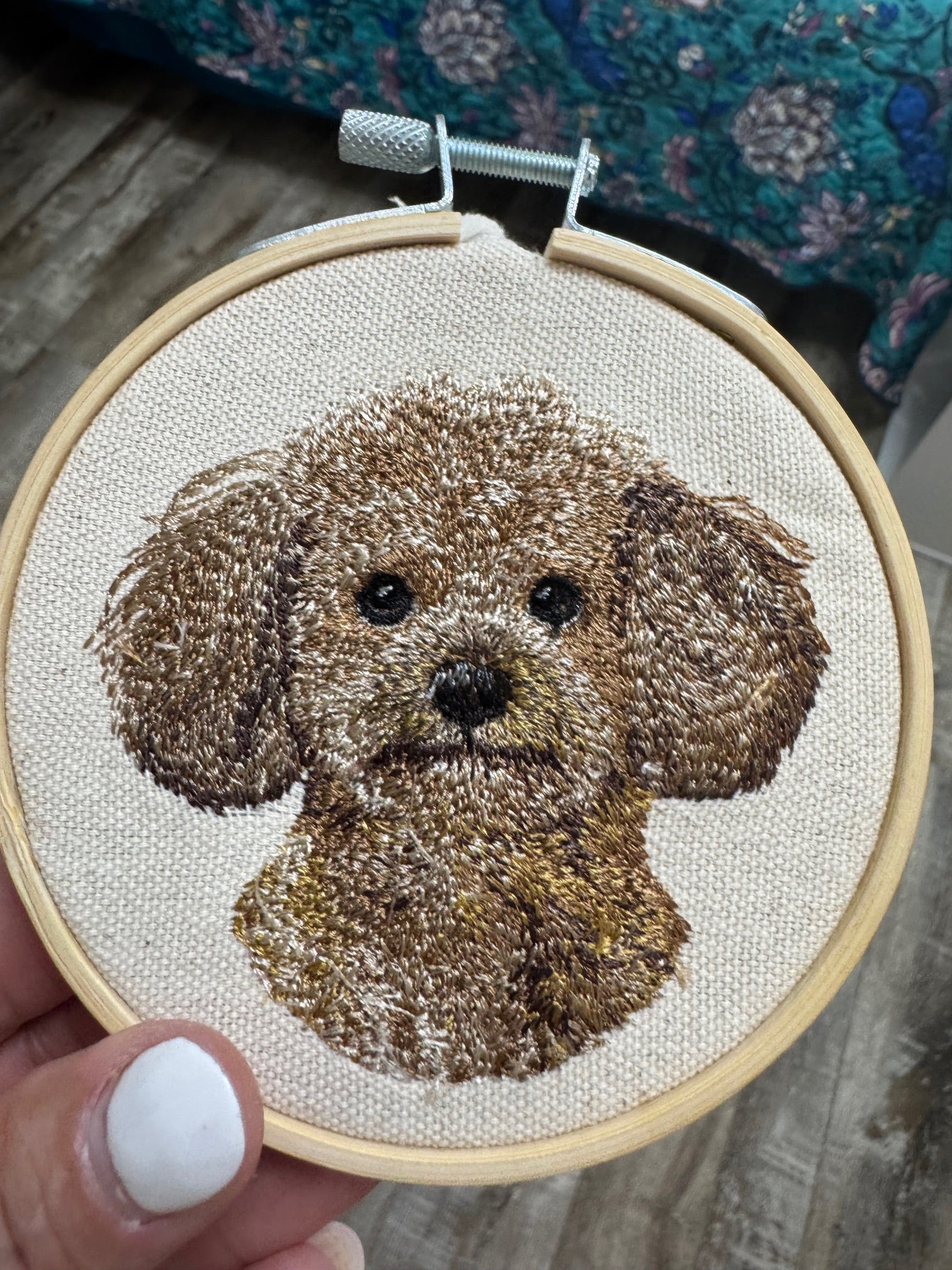 Mini Goldendoodle Machine Embroidered Framed Art | Tabletop Decor